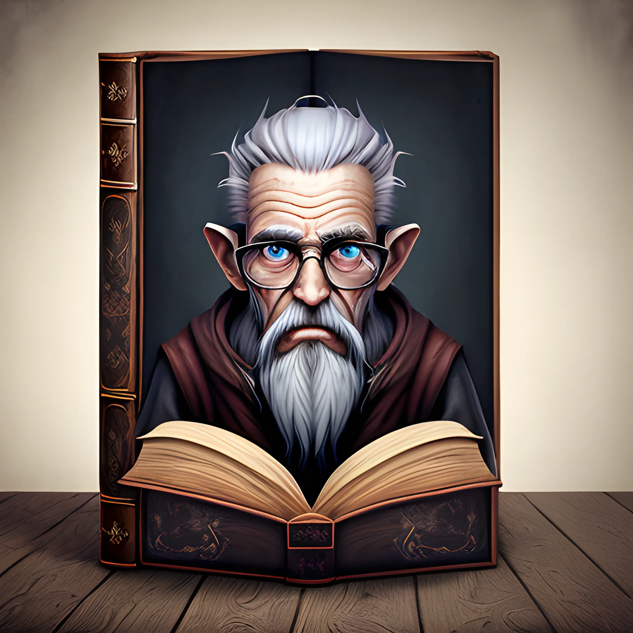 withered oldman mage with huge book portrait realistic art 
