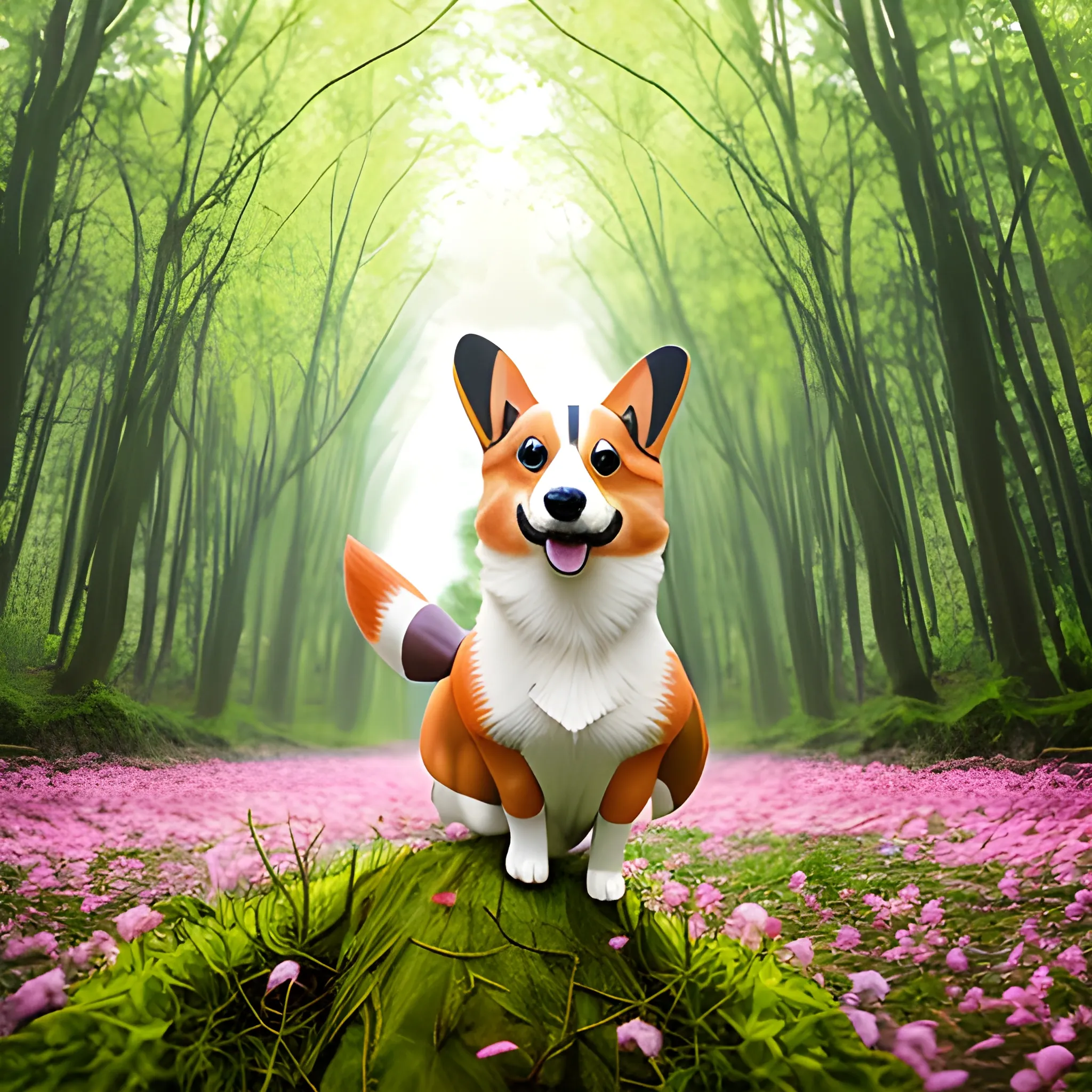 an elegant corgi inside the spring forest ,vietnamese costume, dynamic pose, tilted composition colorful