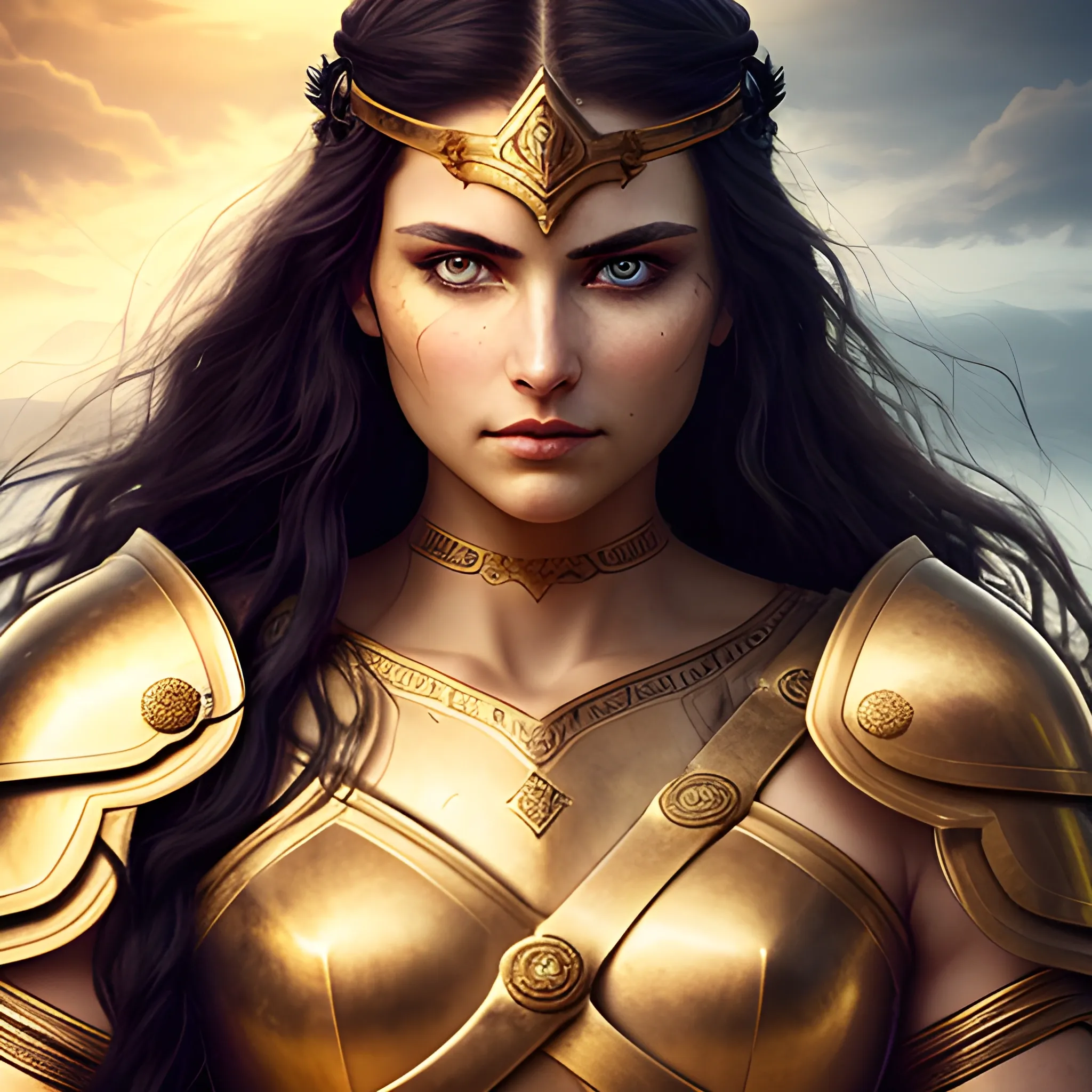 "She was a warrior goddess with astonishing beauty. Her eyes were the color of the sea, and her dark hair cascaded to her shoulders. Clad in golden armor and a gleaming sword in hand, she radiated a strength and bravery that left everyone all out of breath.