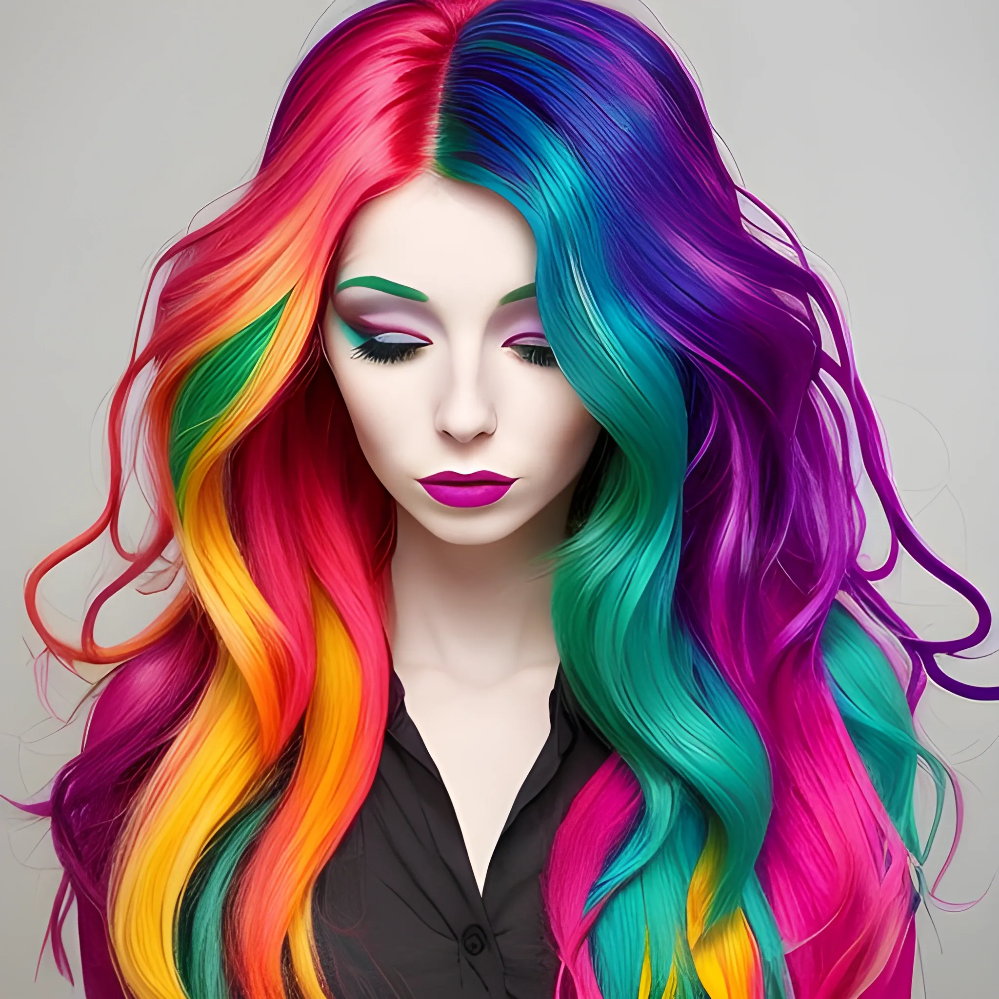 the woman is wearing multicolored hair, vibrant color scheme