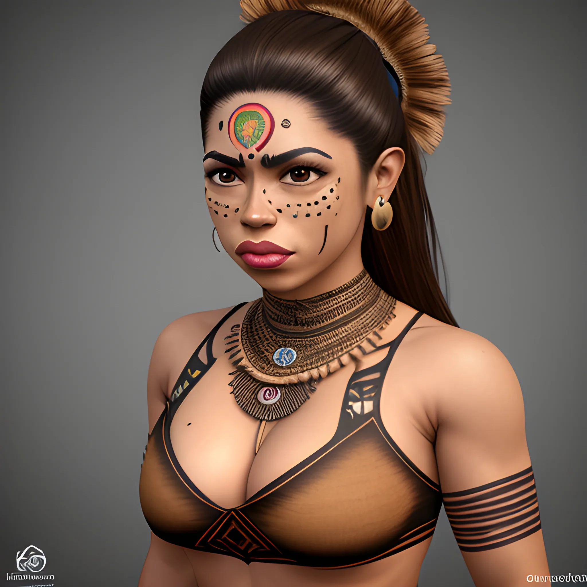 Masterpiece, portrait, realistic 3D, adult Hispanic female, fit body, tribal garments, ripped jeans, black eyes, cleft chin, chin dimple, cheek dimples, freckles, brown skin, full lips