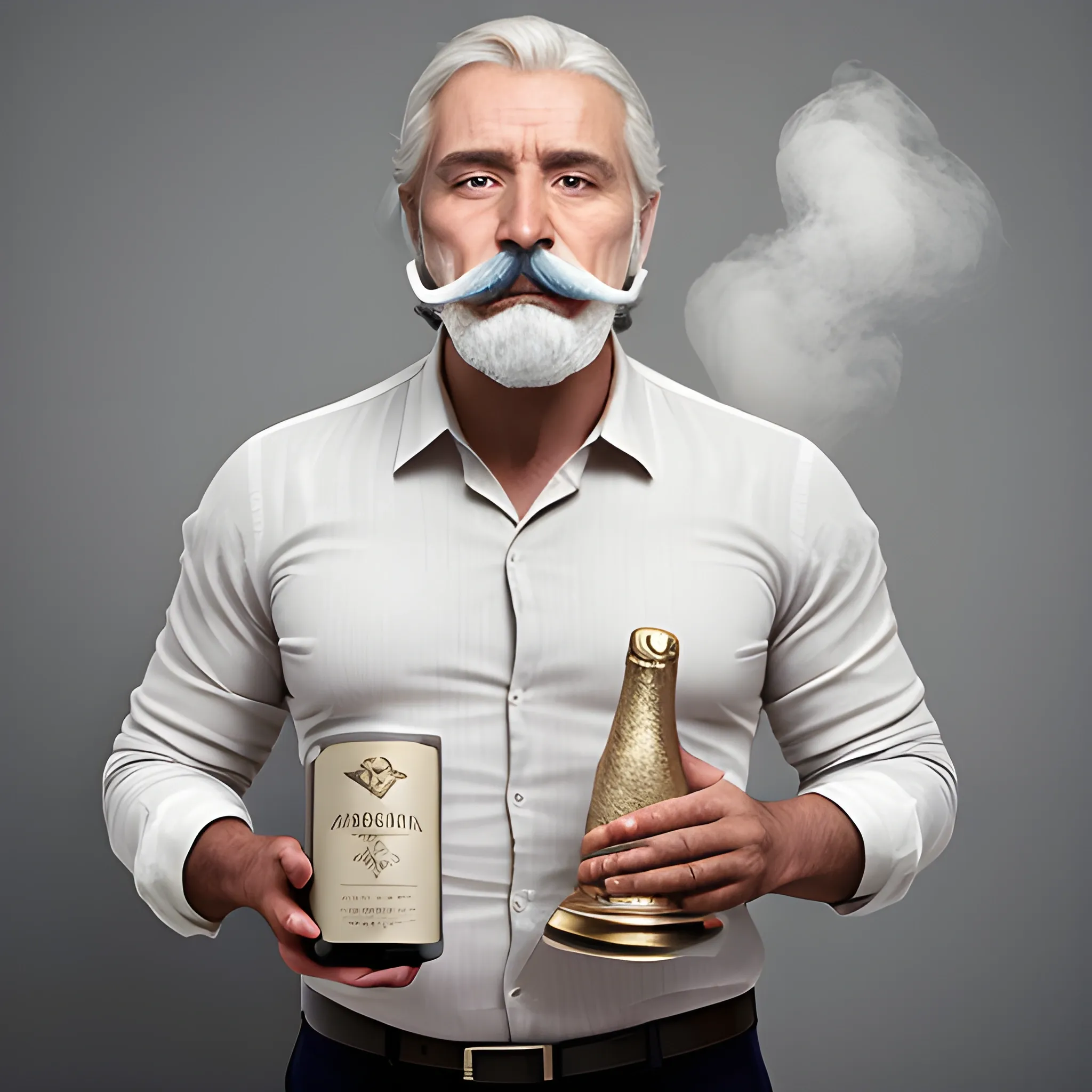 hombre buen hermoso de tercera edad con anteojos trasparentes, con bigote y barba canosa, señalando silencio y con una copa  trasparente y grande  rellena de champagne en su mano izquierda, con chaleco gris y camisa color celeste fuerte