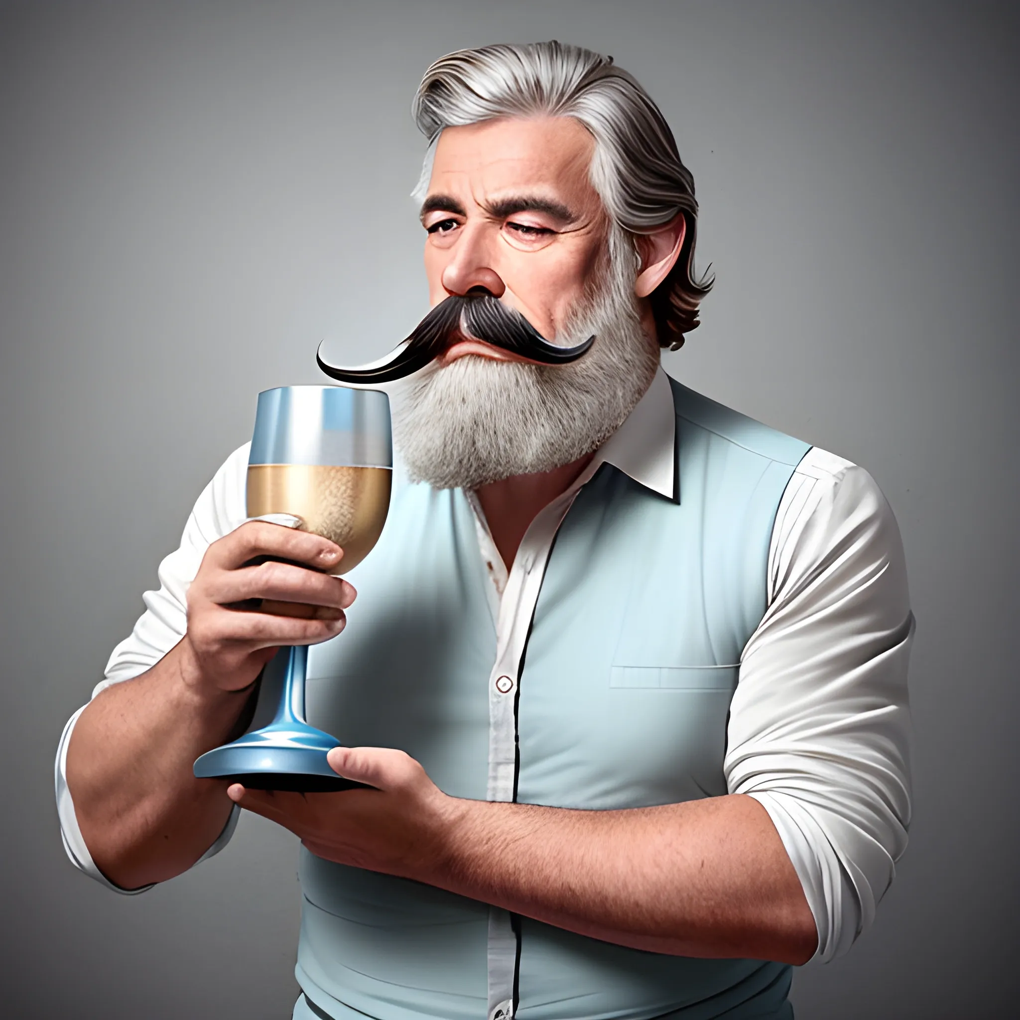 hombre buen hermoso de tercera edad con anteojos trasparentes, con bigote pequeño y pelo y barba canosa, señalando silencio y con una copa  trasparente y grande  rellena de champagne en su mano izquierda, con chaleco gris y camisa color celeste fuerte