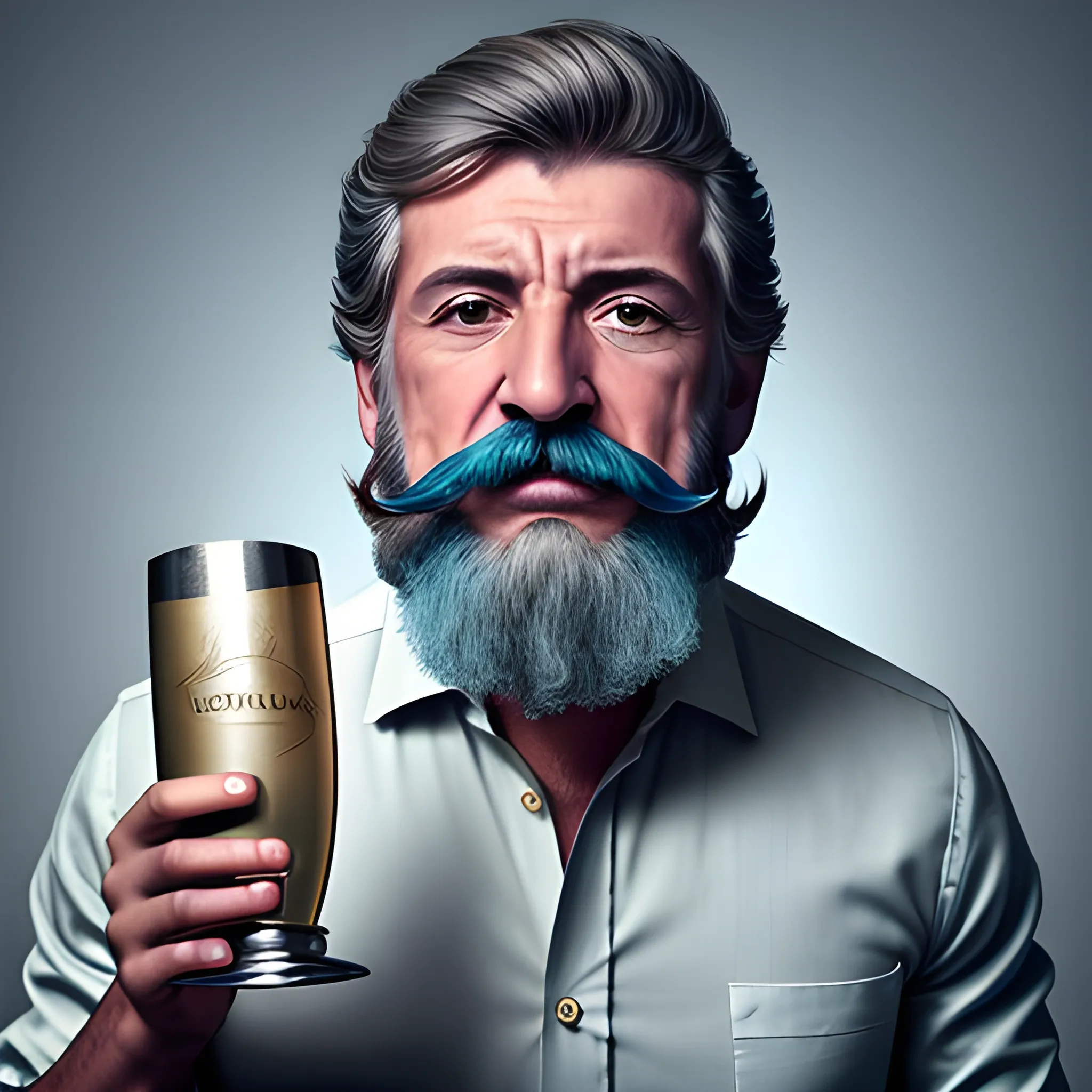 hombre buen hermoso de tercera edad con anteojos trasparentes, con bigote pequeño y pelo y barba canosa, señalando silencio y con una copa  trasparente y grande  rellena de champagne en su mano izquierda, con chaleco gris y camisa color celeste fuerte, Trippy