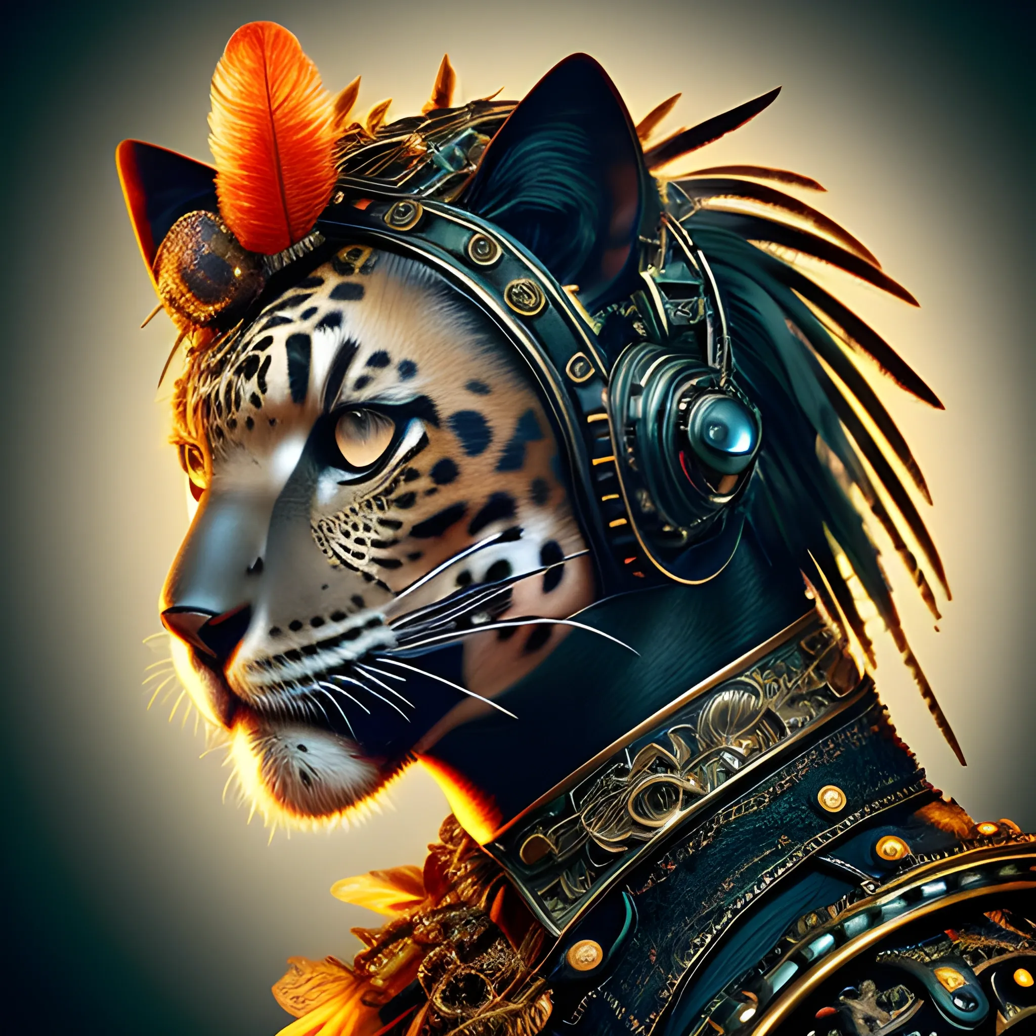 An ultra-detailed photograph of a photorealistic steampunk jaguar anthropomorphic wearing a male steampunk outfit with a headdress adorned with black feathers and glowing details. The dark background enhances the vibrant and luxurious cyberpunk elements, including fretwork, fractal, filigree, and metal cyberpunk parts. The lighting is studio dark light with rim light, emphasizing the intricate lace and ornate details. Color temperature: Warm. Facial expression: Majestic and intense. --v 5 --stylize 1000

