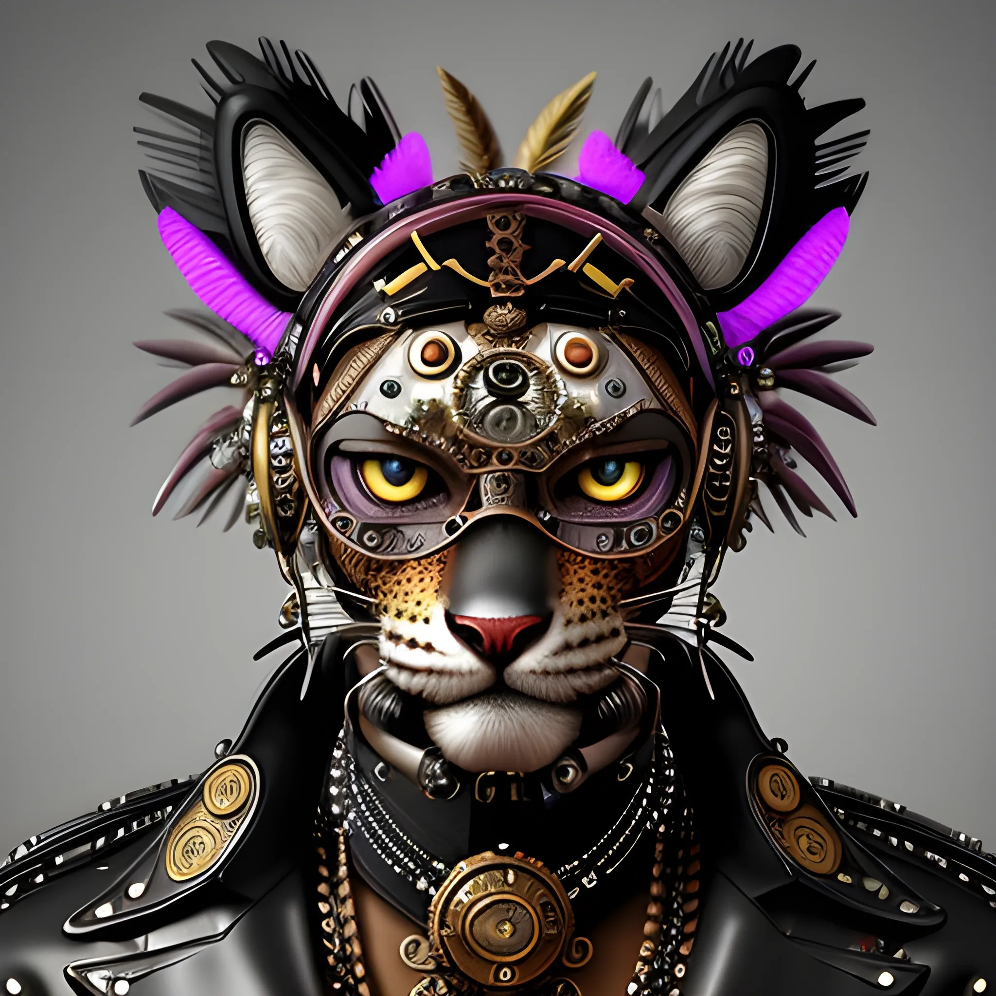 A stunning Pixar 3D rendering of a steampunk jaguar anthropomorphic. The male character wears an elaborate steampunk outfit with a headdress embellished with black feathers and glowing details. The detailed metal cyberpunk parts, cables, and microchips contribute to the intricate and futuristic look. The dark background and vibrant colors create a captivating contrast. Facial expression: Mysterious and intriguing. --v 5 --stylize 1000
