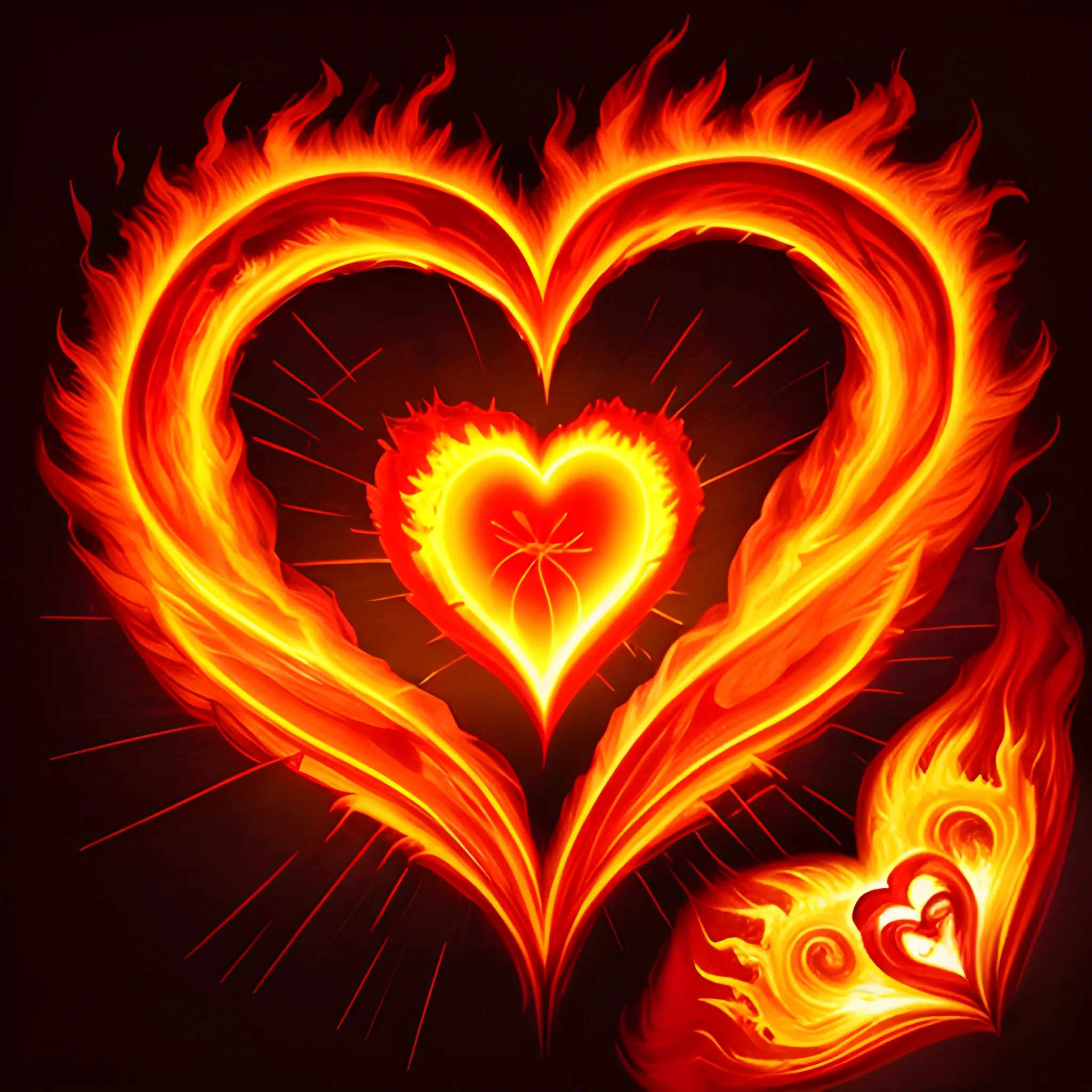 An illustration of a blazing fire engulfing a heart-shaped symbol, symbolizing the burning passion within. Inspired by the artist Salvador Dali, the scene is surreal and captivating. The color temperature is intense, with vibrant shades of red, orange, and yellow. The heart-shaped symbol radiates warmth, while the fire dances with life. The lighting is dramatic, casting shadows that enhance the fiery spectacle. The atmosphere is charged with energy and desire. --v 5 --stylize 1000




