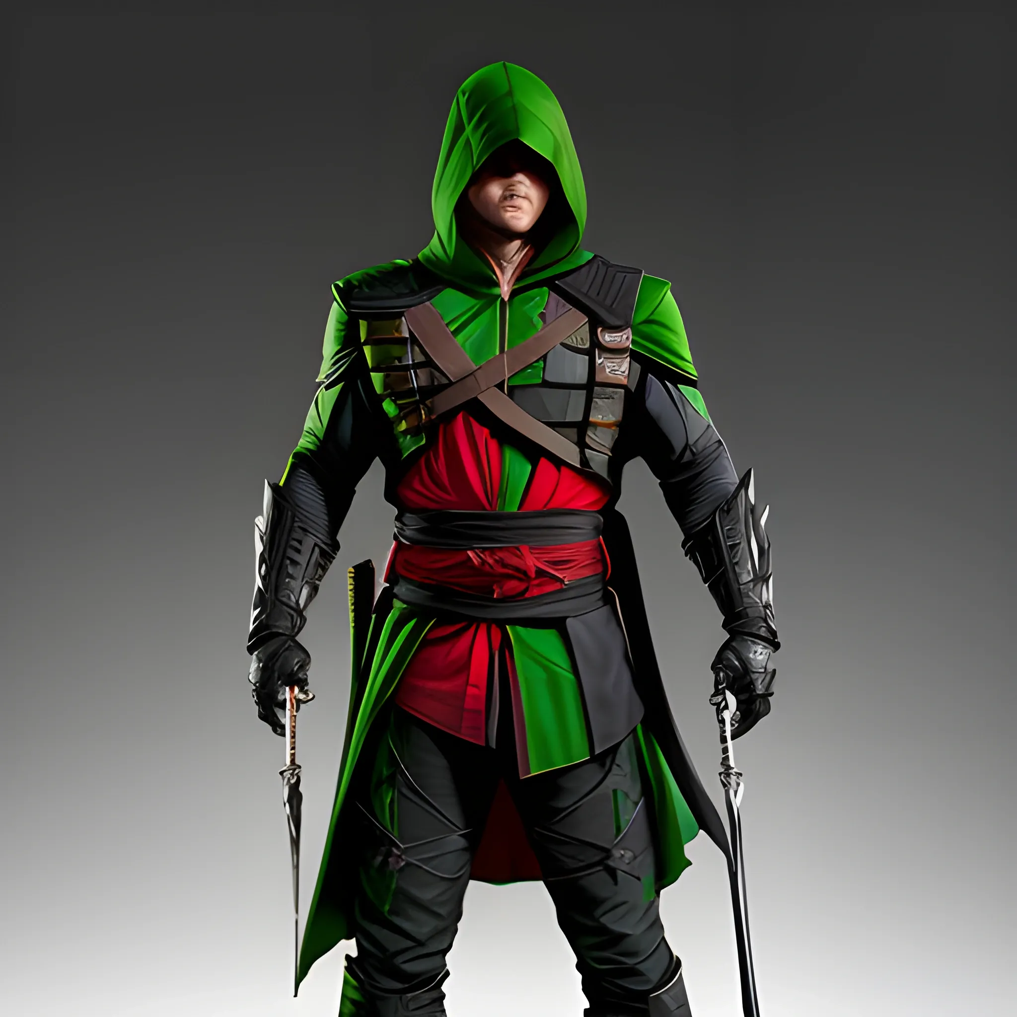 Here is a description of a hero costume that combines the elements of Arrow, Batman and Assassin's Creed, with an emphasis on the scary, impressive and agile aspect, while offering optimal protection with a state-of-the-art alloy. Here is the description:

The hero's costume is a striking mixture of green, blood red, black, gold and purple. It is designed to inspire fear in its opponents while remaining stealthy and agile. The main material used is an advanced alloy, extremely resistant and light, which offers maximum protection against different products and weapons.

The outfit includes a fitted combination in black, with reinforced armor plates on the shoulders, elbows and knees, which are tinted in purple to add a touch of mystery. The hood is inspired by that of Assassin's Creed, with green contours evoking nature.

The mask, both intimidating and functional, recalls the Arrow symbol with a mixture of black and green, with special lenses to improve night vision and allow an increased perception of the environment.

To complete the suit, strategically placed gadgets are integrated, such as a belt grapple for vertical mobility, improved gold batarangs for ranged attacks, as well as an integrated encrypted communication system to stay in touch with allies.

This hero costume therefore combines the essence of the characters of Arrow, Batman and Assassin's Creed to create a formidable and agile appearance, while offering unparalleled protection thanks to an advanced alloy. It embodies stealth, power and determination, while inspiring fear in those who stand in the path of the hero.