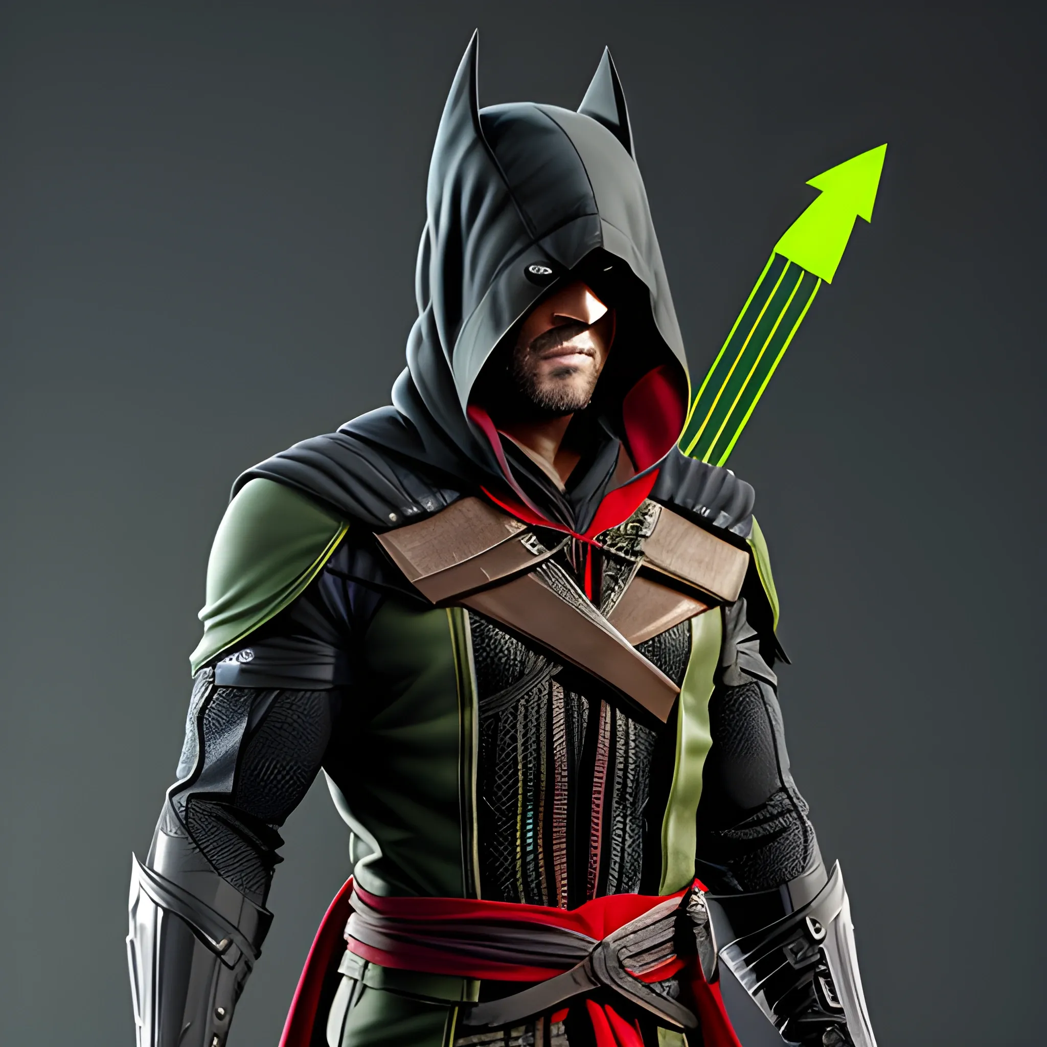 Here is a description of a hero costume that combines the elements of Arrow, Batman and Assassin's Creed, with an emphasis on the scary, impressive and agile aspect, while offering optimal protection with a state-of-the-art alloy. Here is the description:

The hero's costume is a striking mixture of green, blood red, black, gold and purple. It is designed to inspire fear in its opponents while remaining stealthy and agile. The main material used is an advanced alloy, extremely resistant and lightweight, which offers maximum protection against different products and weapons.

The outfit includes a fitted combination in black, with reinforced armor plates on the shoulders, elbows and knees, which are tinted purple to add a touch of mystery. The hood is inspired by that of Assassin's Creed, with green contours evoking nature.

The mask, both intimidating and functional, recalls the arrow symbol with a mixture of black and green, with special lenses to improve night vision and allow an increased perception of the environment.

To complete the combination, strategically placed gadgets are integrated, such as a belt grapple for vertical mobility, improved gold batarangs for remote attacks, and an integrated encrypted communication system to stay in touch with allies.

This hero costume therefore combines the essence of the Arrow, Batman and Assassin's Creed characters to create a great and agile appearance, while offering unparalleled protection thanks to an advanced alloy. It embodies stealth, power and determination, while inspiring fear in those who stand on the path of the hero.

In ultra high quality