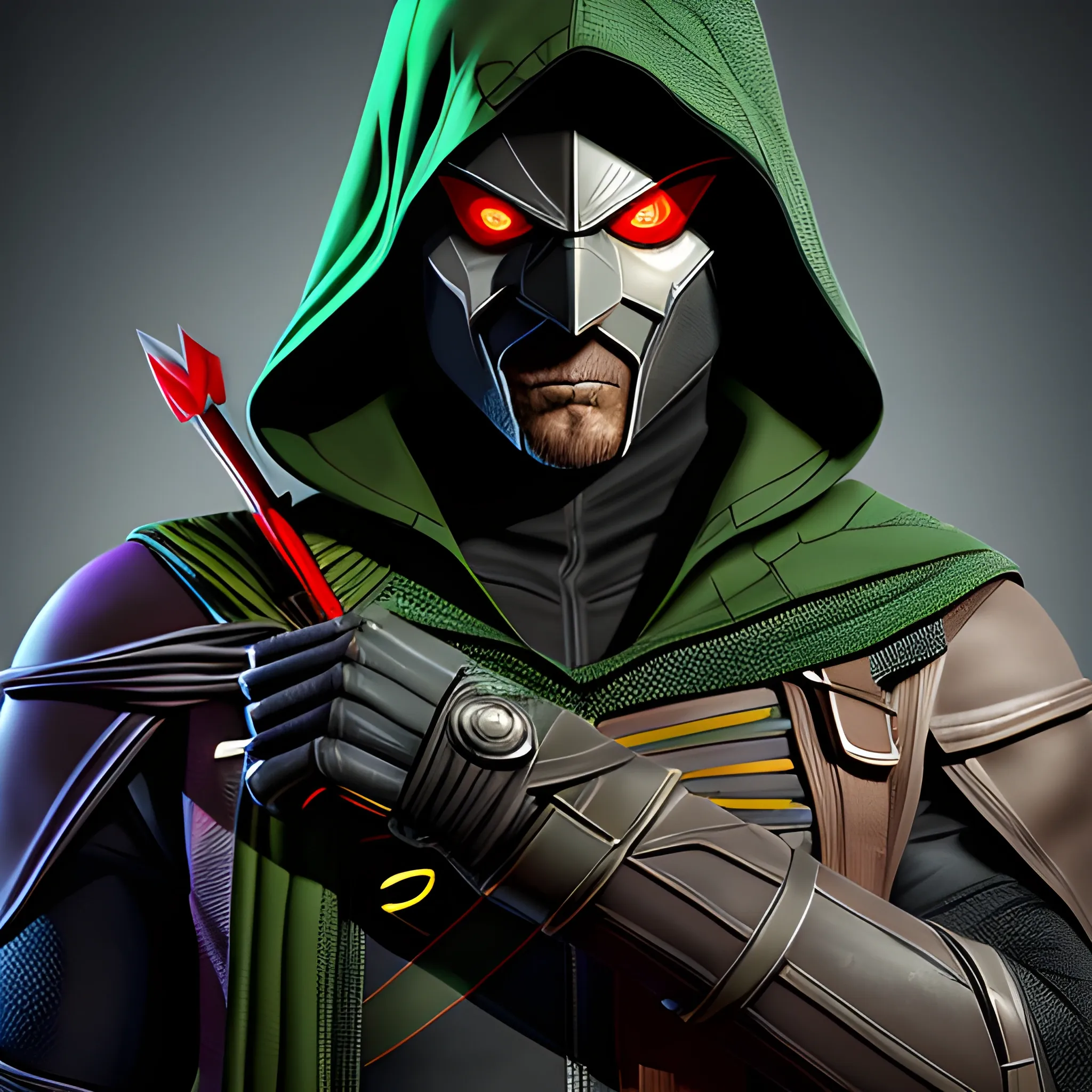 Here is a description of a hero costume that combines the elements of Arrow, Batman and Assassin's Creed, with an emphasis on the scary, impressive and agile aspect, while offering optimal protection with a state-of-the-art alloy. Here is the description:

The hero's costume is a striking mixture of green, blood red, black, gold and purple. It is designed to inspire fear in its opponents while remaining stealthy and agile. The main material used is an advanced alloy, extremely resistant and lightweight, which offers maximum protection against different products and weapons.

The outfit includes a fitted combination in black, with reinforced armor plates on the shoulders, elbows and knees, which are tinted purple to add a touch of mystery. The hood is inspired by that of Assassin's Creed, with green contours evoking nature.

The mask, both intimidating and functional, recalls the arrow symbol with a mixture of black and green, with special lenses to improve night vision and allow an increased perception of the environment.

To complete the combination, strategically placed gadgets are integrated, such as a belt grapple for vertical mobility, improved gold batarangs for remote attacks, and an integrated encrypted communication system to stay in touch with allies.

This hero costume therefore combines the essence of the Arrow, Batman and Assassin's Creed characters to create a great and agile appearance, while offering unparalleled protection thanks to an advanced alloy. It embodies stealth, power and determination, while inspiring fear in those who stand on the path of the hero.

In ultra high quality