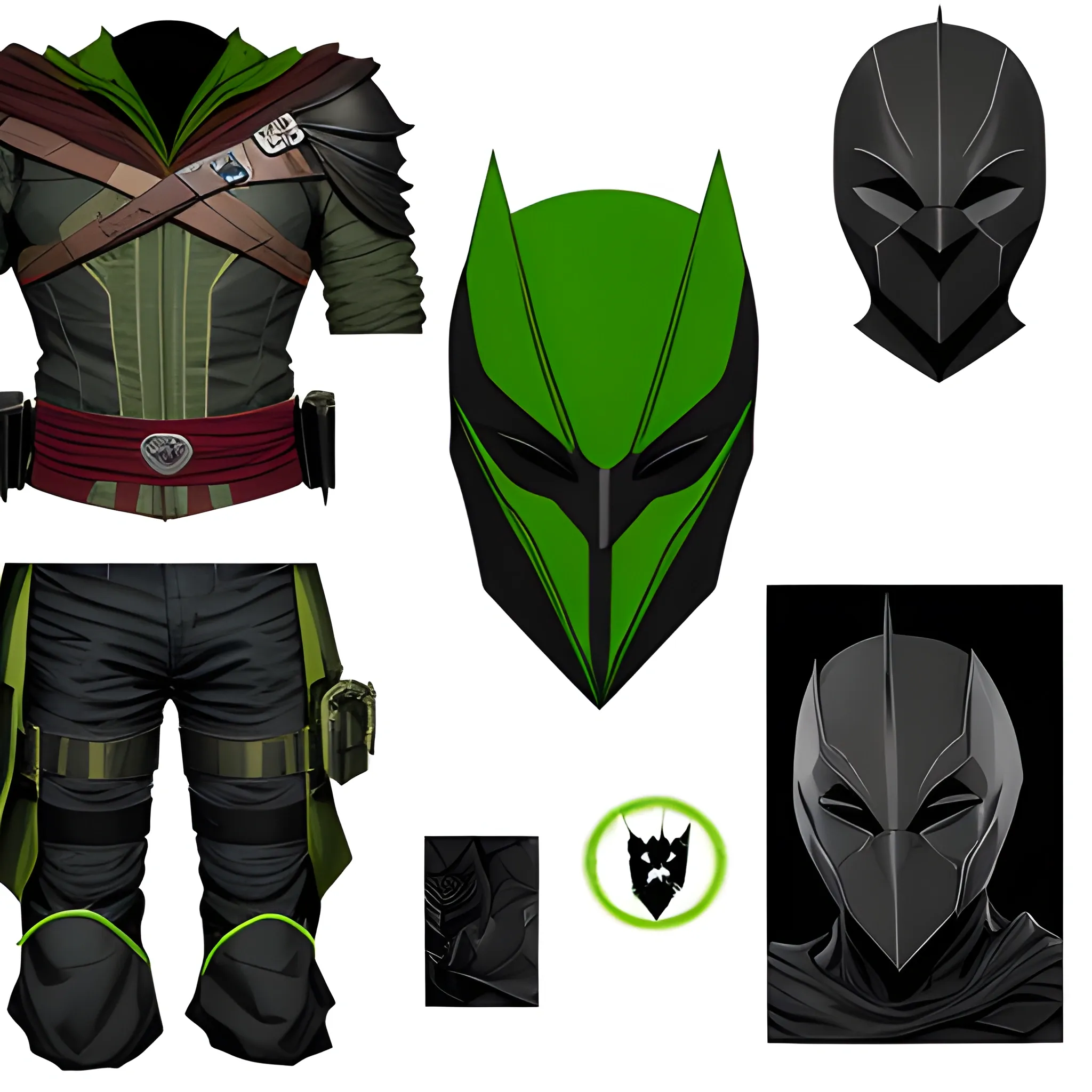 Here is a description of a hero costume that combines the elements of Arrow, Batman and Assassin's Creed, with an emphasis on the scary, impressive and agile aspect, while offering optimal protection with a state-of-the-art alloy. Here is the description:

The hero's costume is a striking mixture of green, blood red, black, gold and purple. It is designed to inspire fear in its opponents while remaining stealthy and agile. The main material used is an advanced alloy, extremely resistant and lightweight, which offers maximum protection against different products and weapons.

The outfit includes a fitted combination in black, with reinforced armor plates on the shoulders, elbows and knees, which are tinted purple to add a touch of mystery. The hood is inspired by that of Assassin's Creed, with green contours evoking nature.

The mask, both intimidating and functional, recalls the arrow symbol with a mixture of black and green, with special lenses to improve night vision and allow an increased perception of the environment.

To complete the combination, strategically placed gadgets are integrated, such as a belt grapple for vertical mobility, improved gold batarangs for remote attacks, and an integrated encrypted communication system to stay in touch with allies.

This hero costume therefore combines the essence of the Arrow, Batman and Assassin's Creed characters to create a great and agile appearance, while offering unparalleled protection thanks to an advanced alloy. It embodies stealth, power and determination, while inspiring fear in those who stand on the path of the hero.

In ultra high quality