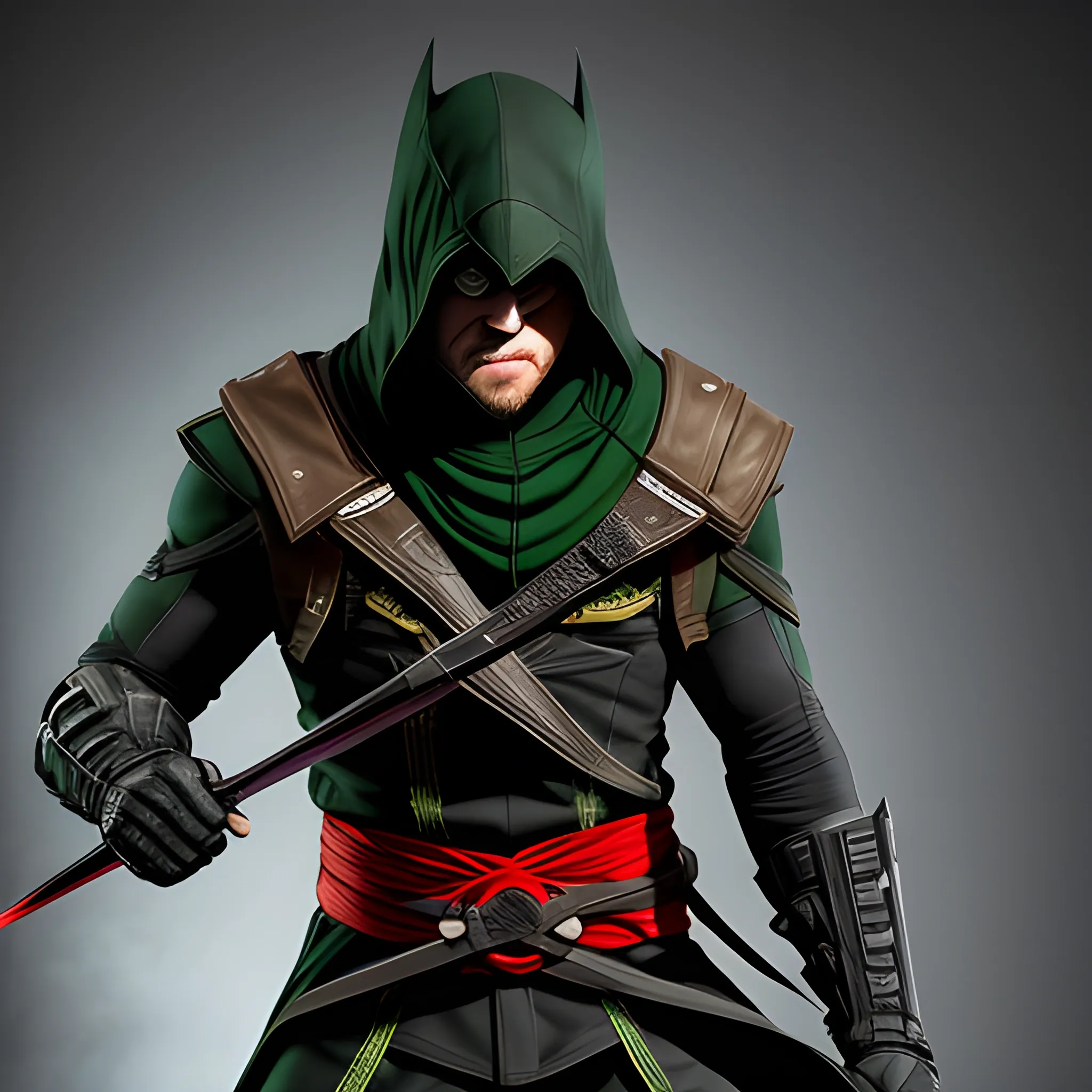 Here is a description of a hero costume that combines the elements of Arrow, Batman and Assassin's Creed, with an emphasis on the scary, impressive and agile aspect, while offering optimal protection with a state-of-the-art alloy. Here is the description:

The hero's costume is a striking mixture of green, blood red, black, gold and purple. It is designed to inspire fear in its opponents while remaining stealthy and agile. The main material used is an advanced alloy, extremely resistant and lightweight, which offers maximum protection against different products and weapons.

The outfit includes a fitted jumpsuit in black, with reinforced armor plates on the shoulders, elbows and knees, which are tinted with purple to add a touch of mystery. The hood is inspired by that of Assassin's Creed, with green contours evoking nature.

The mask, both intimidating and functional, recalls the arrow symbol with a mixture of black and green, with special lenses to improve night vision and allow an increased perception of the environment.

To complete the combination, strategically placed gadgets are integrated, such as a belt grapple for vertical mobility, improved gold batarangs for remote attacks and an integrated encrypted communication system to stay in touch with allies.

This hero costume therefore combines the essence of the Arrow, Batman and Assassin's Creed characters to create a large and agile appearance, while offering unparalleled protection thanks to an advanced alloy. He embodies stealth, power and determination, while inspiring fear in those who stand on the path of the hero.

In very high quality, a lot of details