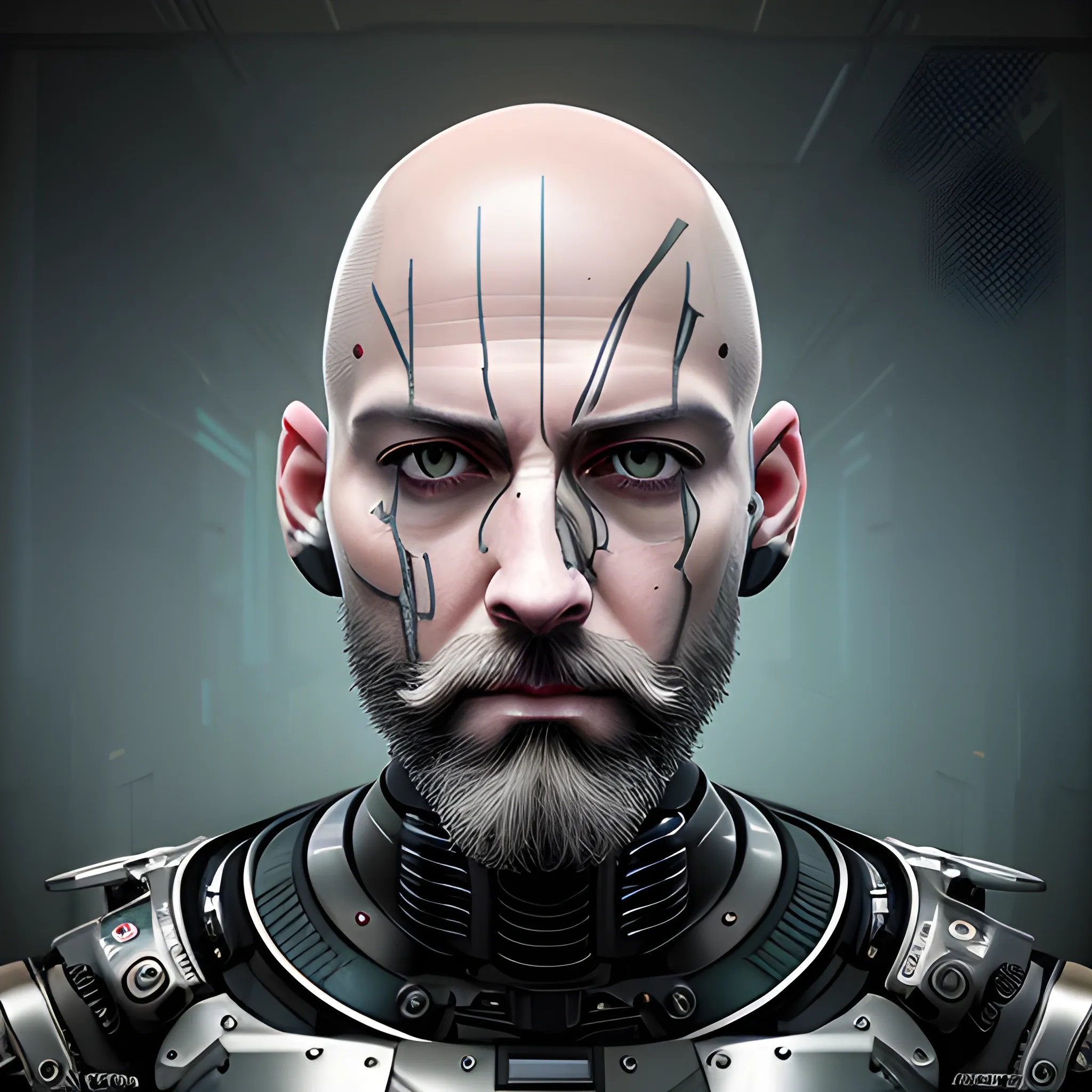 bald shaved hair, with full beard, cyberpunk, robot, Best quality, masterpiece, ultra high res,(photo realistic:1.4), surrealism, dream-like,credenza,Mr_MC_S-ART_V1, <lora:Mr_MC_S-ART_V1:0.9>