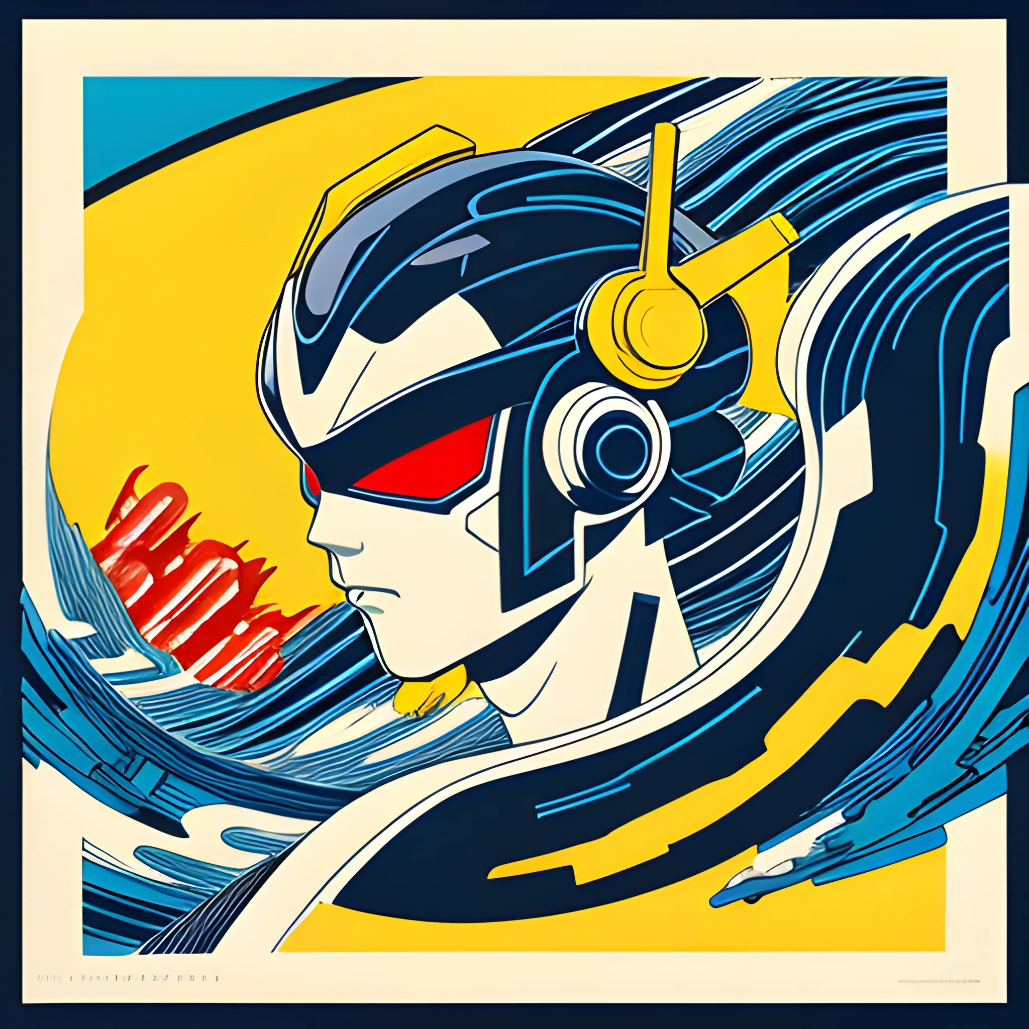 transformer robot, primary colors with white highlights, half tone, close-up portrait, Hokusai wave background, ukiyo-e style by Tomer Hanuka and Atey Ghailan and Roy Lichtenstein and Maxfield Parrish, expressive, in the style of official art, gorecore, koi fish and avian-themed, dark yellow and light black, oshare kei, full body.Vector, Cell shade,