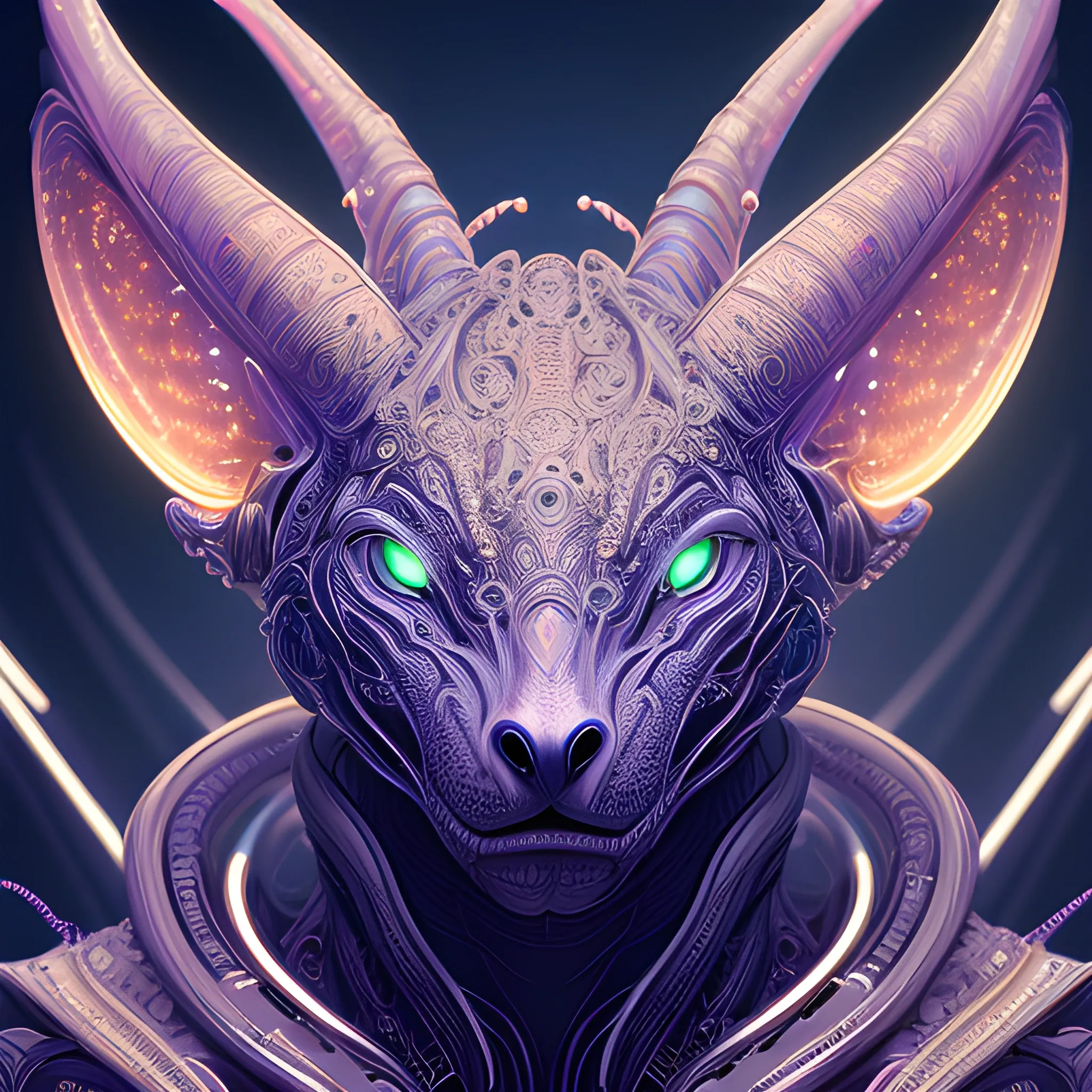 A detailed and intricate digital art piece in a cinematic style, this ultra high resolution portrait of a powerful alien beast is a true masterpiece. The beautiful lighting and playful design make it a trend-setter on ArtStation. A true award-winning work., Trippy