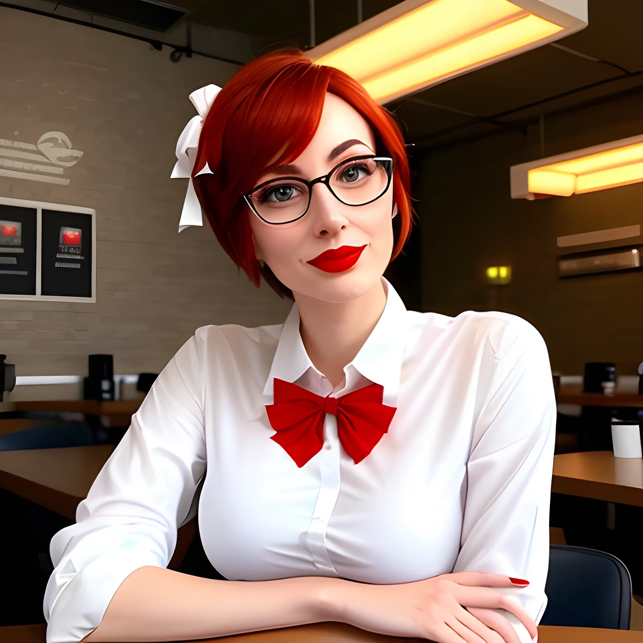 A photo of a young, nerdy woman sitting in a caf, wearing a whit ...