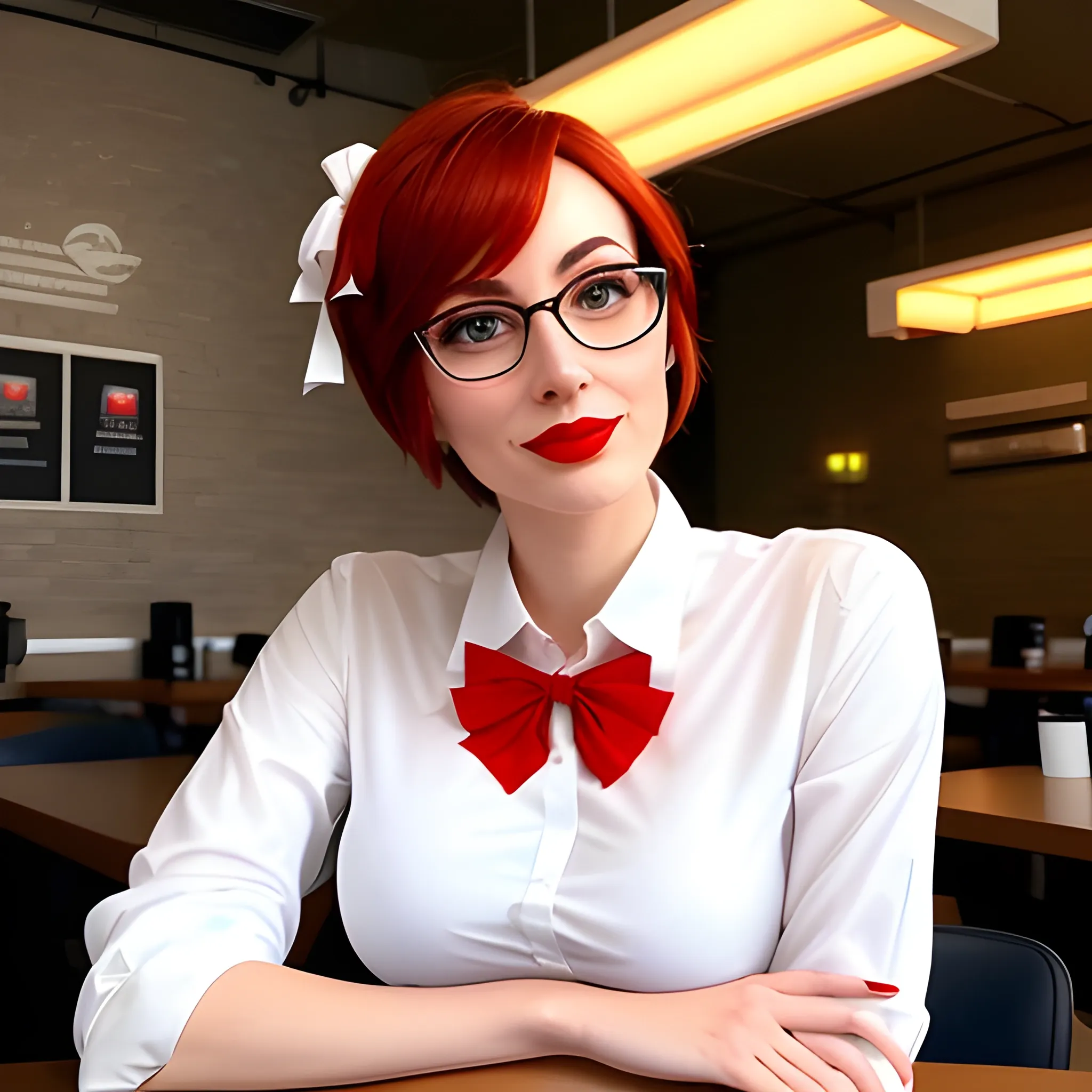 A photo of a young, nerdy woman sitting in a caf, wearing a white shirt and a bow, surrounded by a cozy atmosphere, looking at the viewer. short hair, slender, red lips, transparent fabric, flirting with the camera