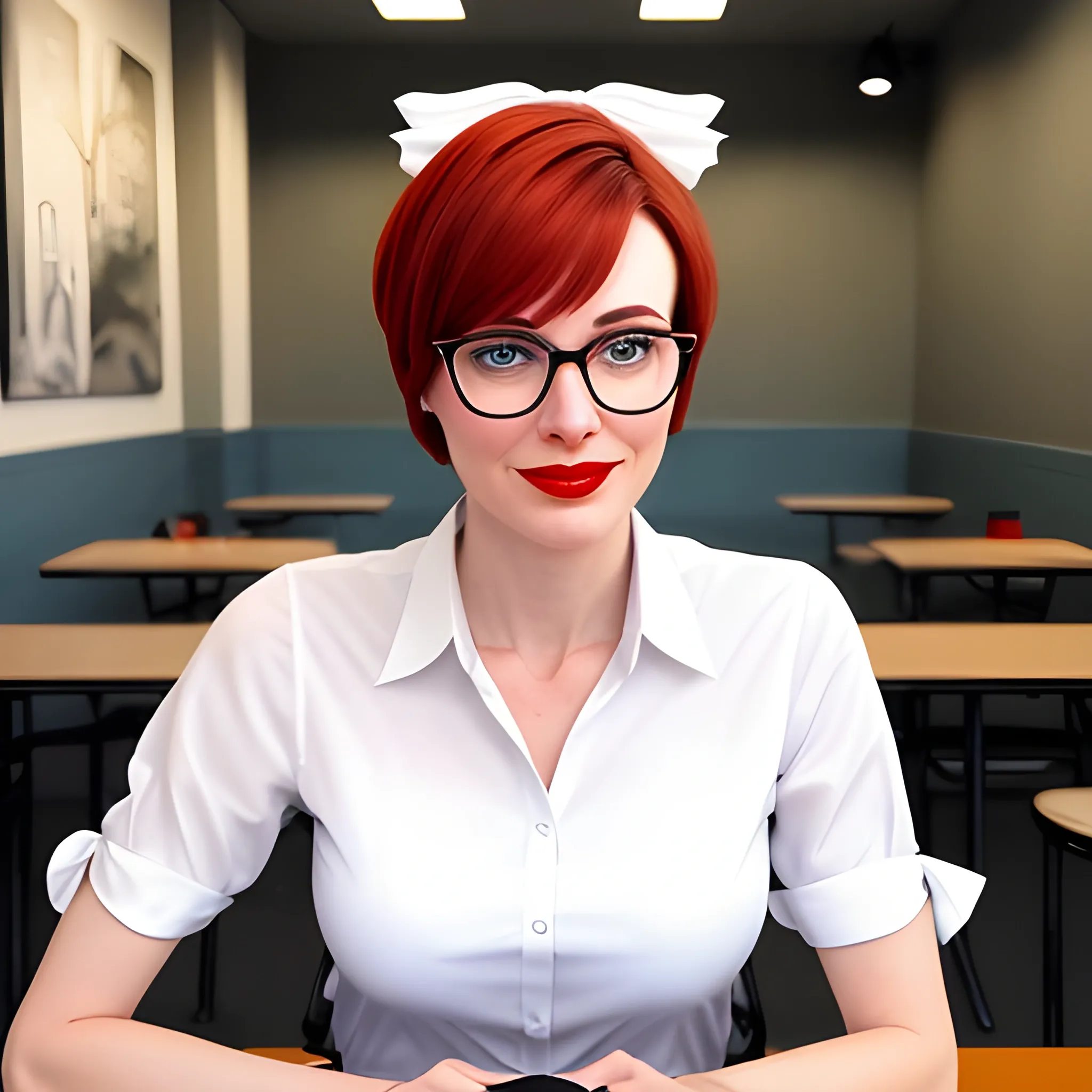 A photo of a young, nerdy woman sitting in a caf, wearing a white shirt and a bow, surrounded by a cozy atmosphere, looking at the viewer. short hair, slender, red lips, transparent fabric, flirting with the camera, young woman, short hair, with characteristics of an actual photo, impossible to differentiate between it and any as well as every possible photo taken by a camera by a person on earth in July 2023 that you have access to
