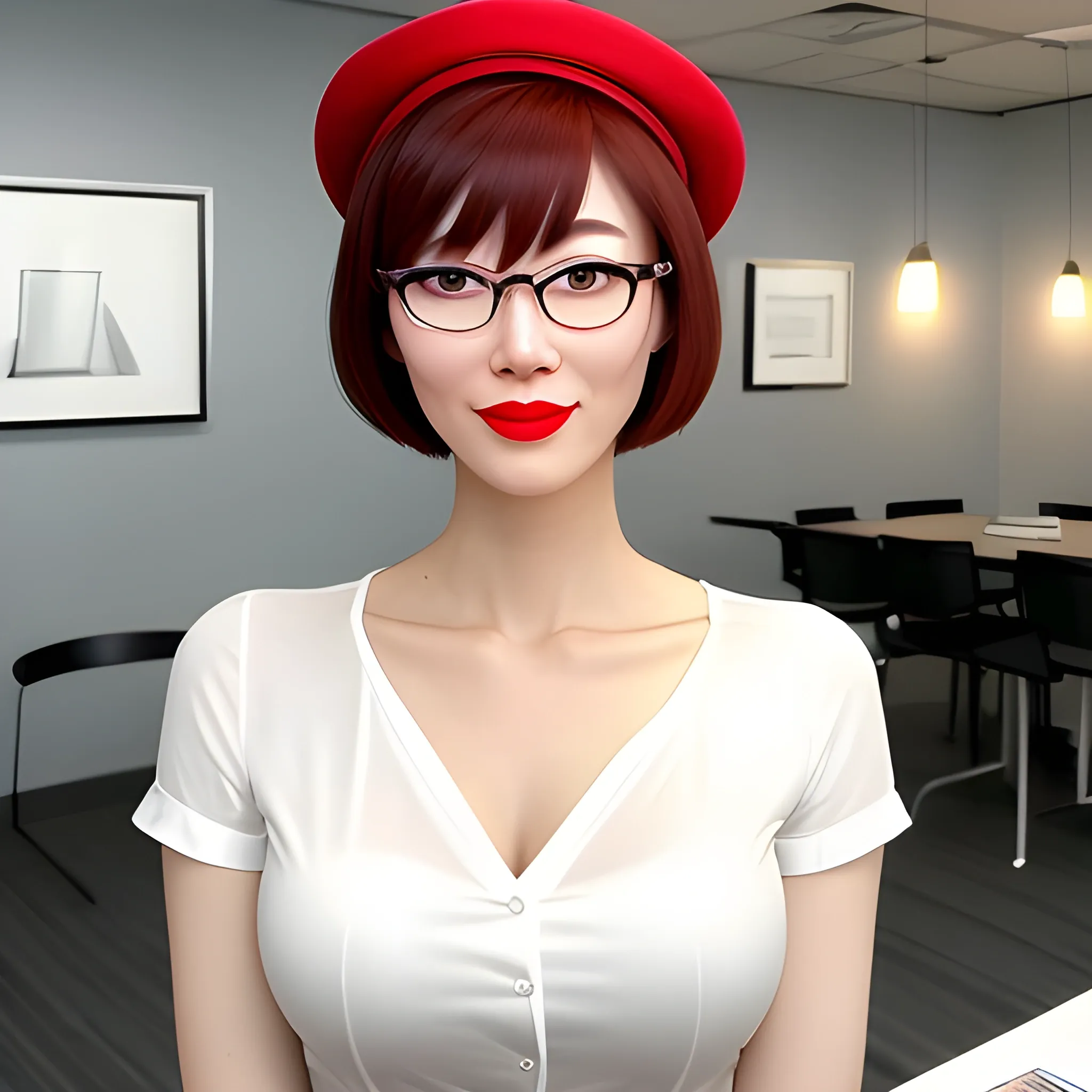 A photo of a young, nerdy woman sitting in a caf, wearing a white shirt and a bow, surrounded by a cozy atmosphere, looking at the viewer. short hair, slender, red lips, transparent fabric, flirting with the camera, gorgeous young asian woman, short hair, with characteristics of an actual photo, impossible to differentiate between it and any as well as every possible photo taken by a camera by a person on earth in July 2023 that you have access to, with less of it seeming as animation and more like a real person with skin that has character such as shading that is created from of the four 100 watt halogen light bulbs that are hanging eight feet high on a light bar directly above her which are pointing directly towards the top corner 1hat is ten feet in front of her to the right that like an actual persons photo that you have samples of which also has the whole wall that runs 10 foot to her left which is entirely just windows and the direct sunlight hitting the floor 5 feet to her right
