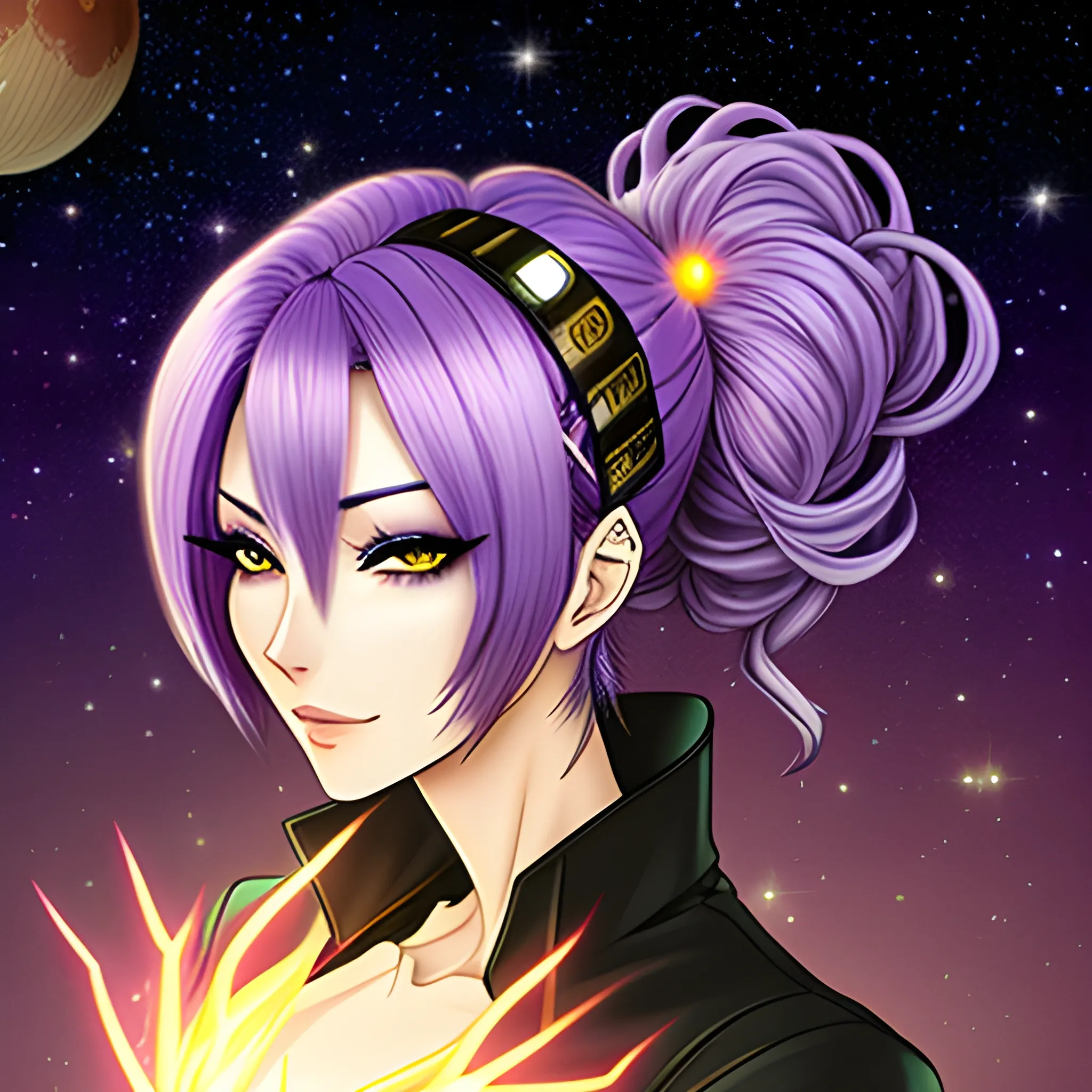 Beautiful anime girl with purple hair, yellow glowing moon hairclip, cosmic clothes