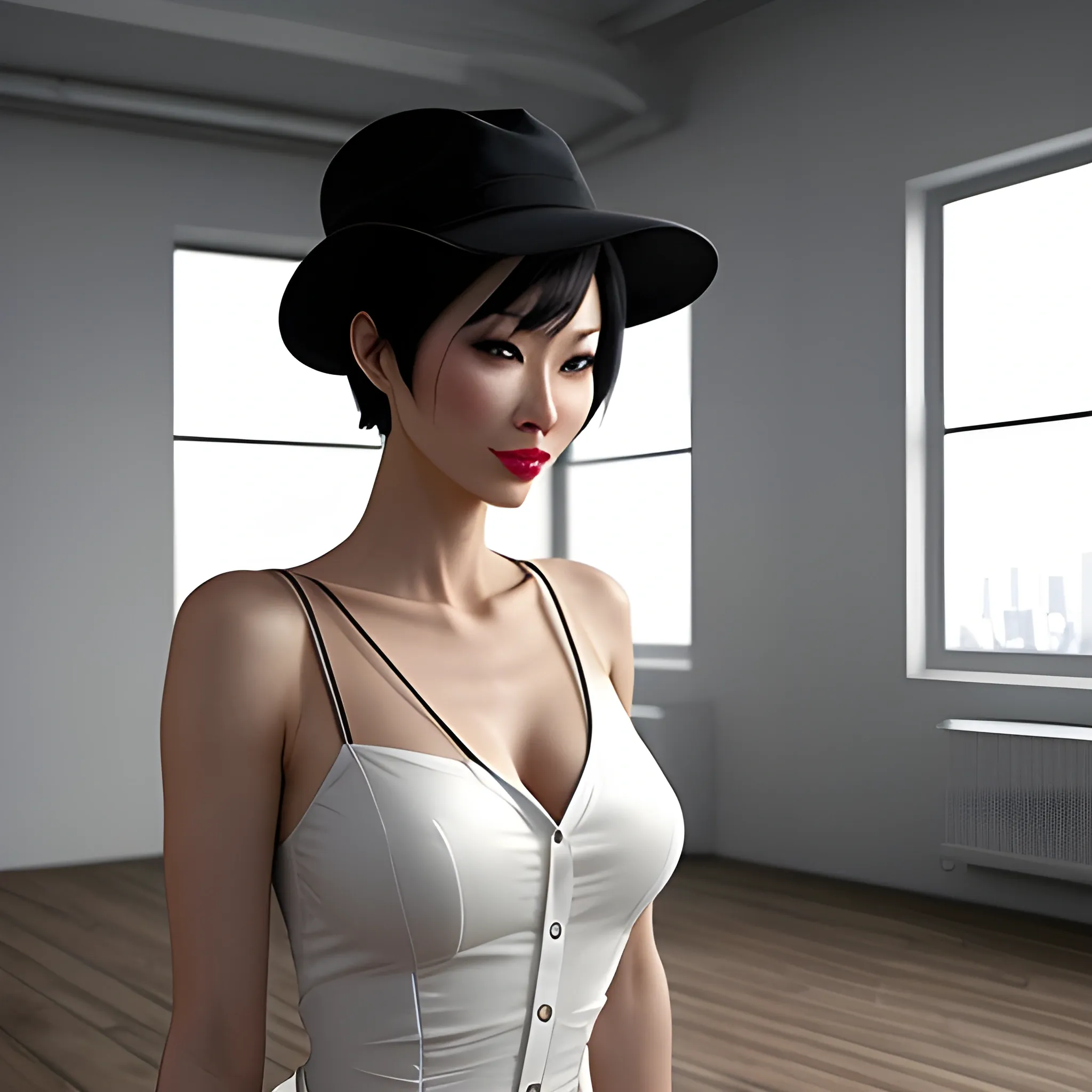 a young, sexy woman sitting in a loft, wearing a white shirt with unbuttoned three top buttons, surrounded by a cozy atmosphere, looking at nothing as if she is thinking of the man she loves. short hair, slender, red lips, transparent fabric, flirting with her thoughts, beautiful young asian woman, short hair, with characteristics of an actual photo, impossible to differentiate between it and any as well as every possible photo taken by a camera by a person on earth in July 2023 that you have access to, with less of it seeming as animation and more like a real person with skin that has character such as shading that is created from of the four 100 watt halogen light bulbs that are hanging eight feet high on a light bar directly above her which are pointing directly towards the top corner 1hat is ten feet in front of her to the right that like an actual persons photo that you have samples of which also has the whole wall that runs 10 foot to her left which is entirely just windows and the direct sunlight hitting the floor 5 feet to her right, not looking at us and unaware that we even are looking at her, not looking towards us
