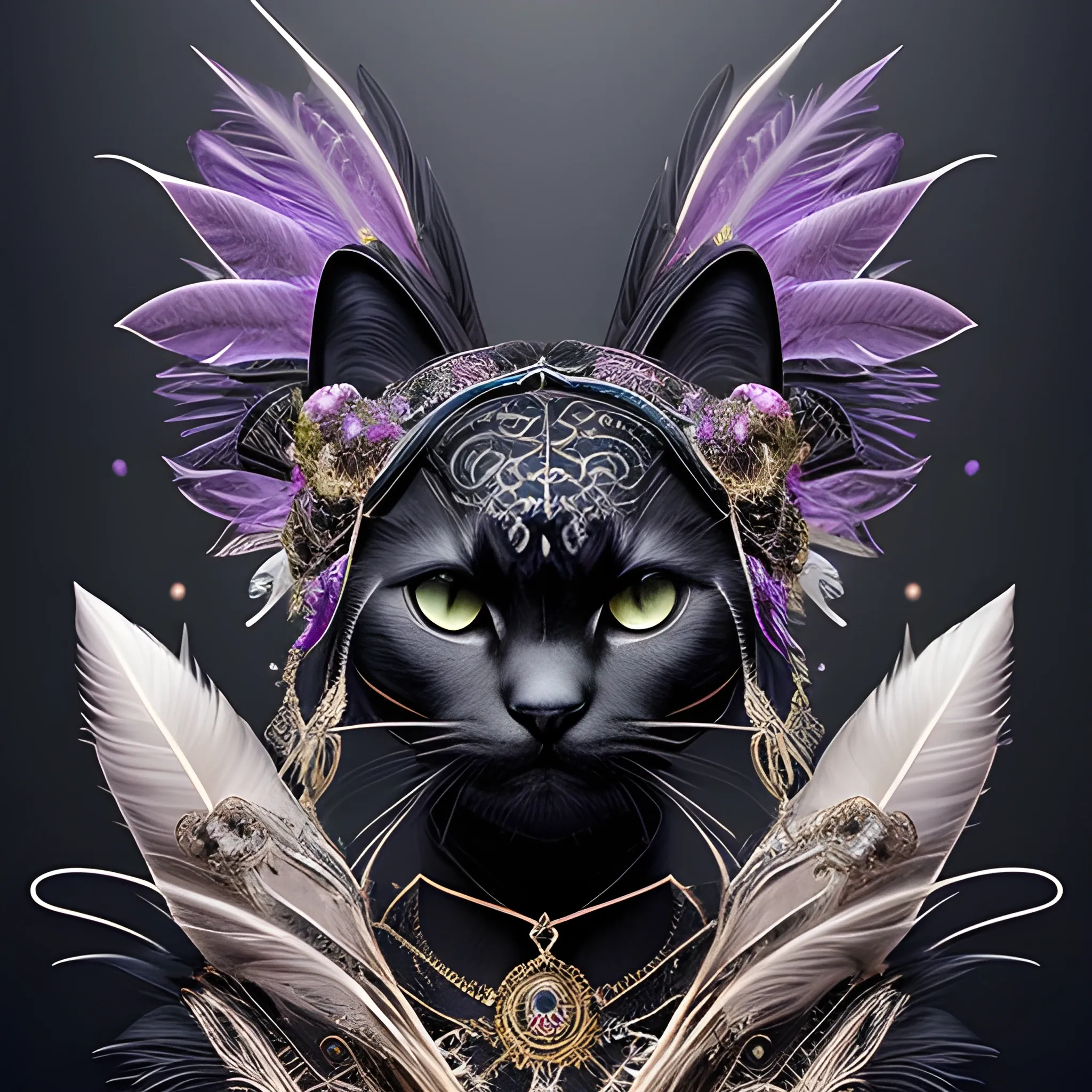 A mesmerizing digital illustration featuring a photorealistic anthropomorphic black cat. The female character is adorned with a headdress adorned with black feathers and intricate embroidery. Set against a dark background, the artwork showcases the luxurious cyberpunk elements with vibrant details, fractal patterns and filigree motifs. The lighting gives a sense of depth and dimension, highlighting the jaguar's elegant features. Facial Expression: Enigmatic and seductive. Atmosphere: Mystical and enchanting. --v 5 --style 1000
