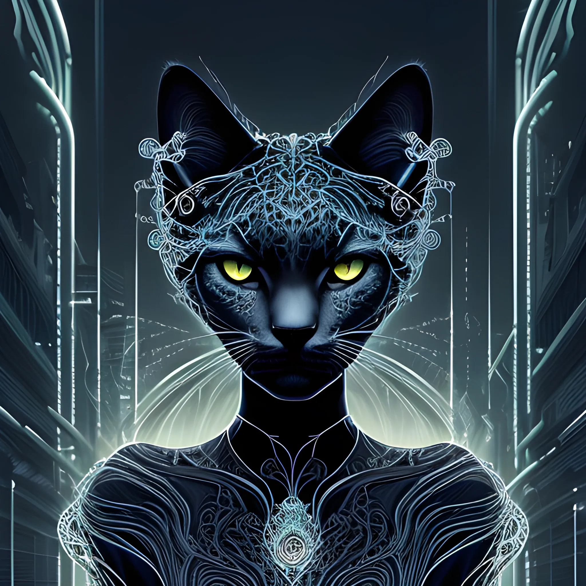 A mesmerizing digital illustration featuring a photorealistic anthropomorphic black cat. The female character, Against a dark background, the artwork showcases the luxurious cyberpunk elements with vibrant details, fractal patterns and filigree motifs. The lighting gives a sense of depth and dimension, highlighting the jaguar's elegant features. Facial Expression: Enigmatic and seductive. Atmosphere: Mystical and enchanting. --v 5 --style 1000