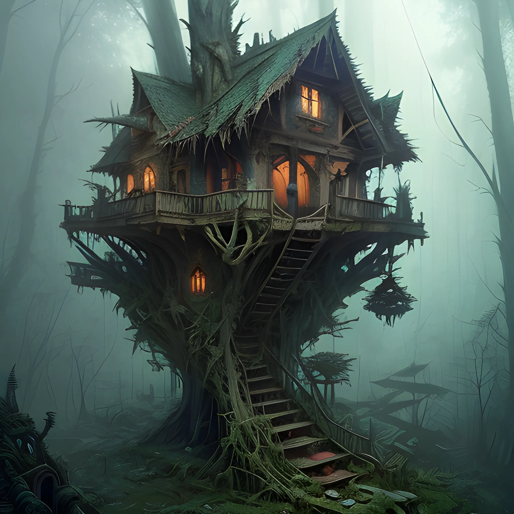 dilapidated, abandoned, broken baba yaga treehouse, in the depths of an eerie forest, tucked within the witchwood forest, overgrown, detailed intricate atmosphere, hd, 4k, digital art, concept art, by greg rutkowski, by loish, complementing colors, Trending on artstation, deviantart beksinski, giger