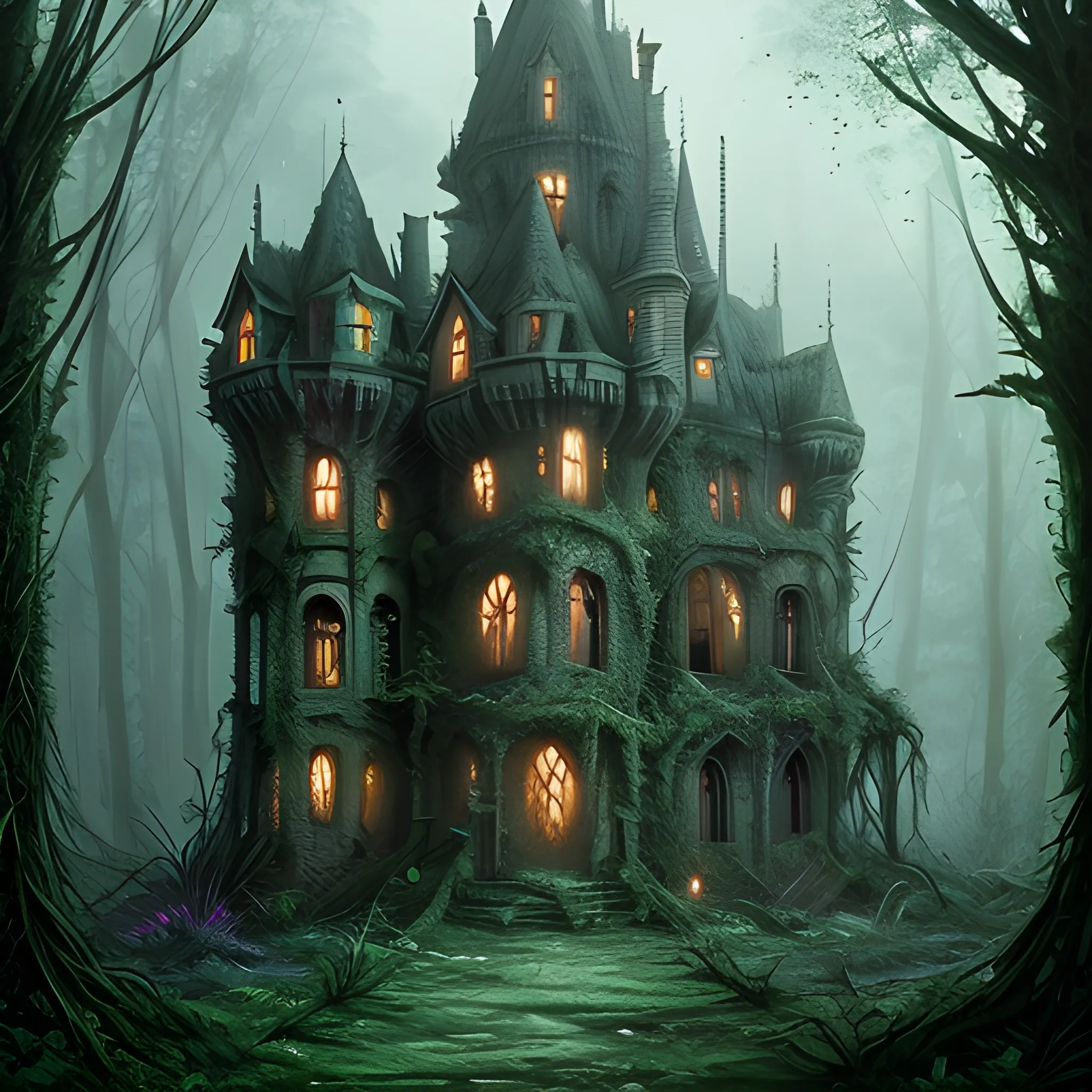 dilapidated, abandoned, broken  castle in the depths of an eerie forest, tucked within the witchwood forest, overgrown, detailed intricate atmosphere, hd, 4k, digital art, concept art