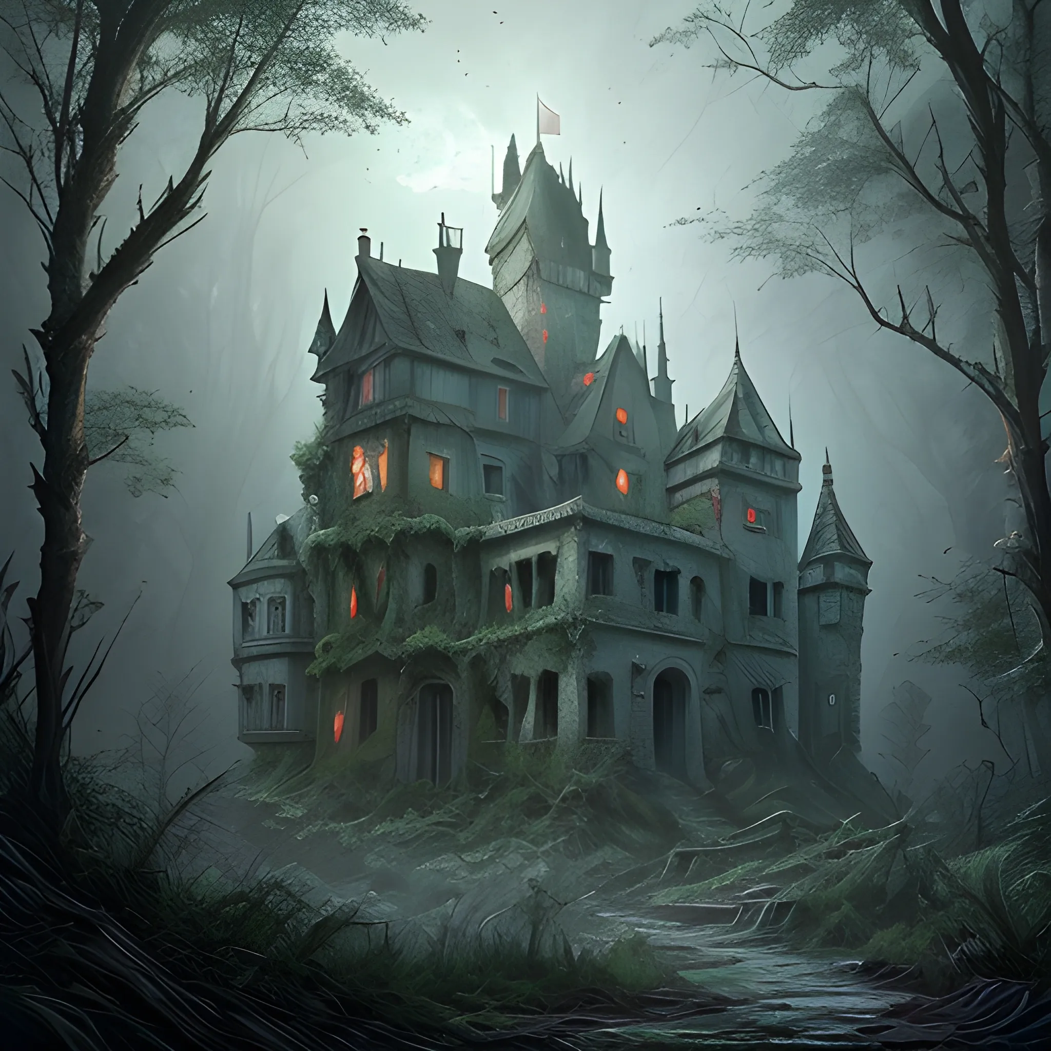 dilapidated, abandoned, broken  castle in the depths of an eerie forest,  overgrown, detailed intricate atmosphere, hd, 4k, digital art, concept art