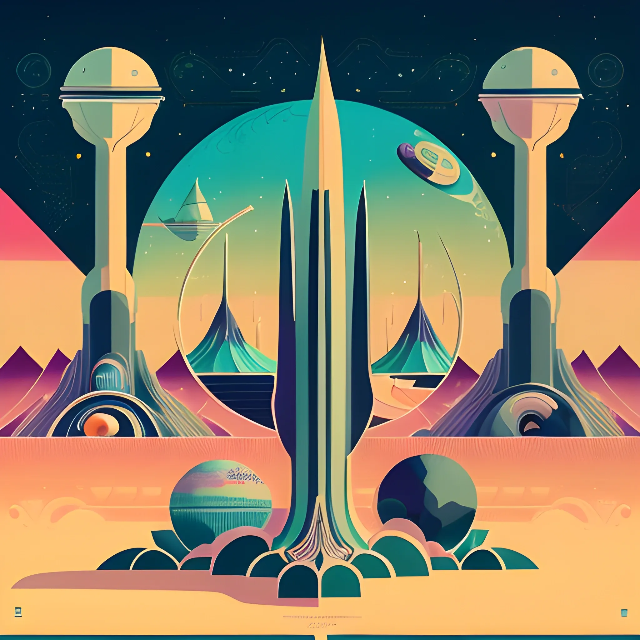 (in the style of inked), A vintage travel poster depiction of an exotic alien planet, featuring vibrant landscapes and strange flora and fauna. The camera angle is a medium shot, capturing the planet's distinctive features while keeping the focus on the intricate details of the alien world. The color palette is rich and multicolor, invoking a sense of wonder and otherworldliness. The poster is designed in an art deco style, combining bold geometric shapes with intricate patterns. This image is a playful and imaginative representation of intergalactic travel, perfectly blending nostalgia and futuristic elements., (high quality), (detailed), (masterpiece), (best quality), (highres), (extremely detailed), (8k)