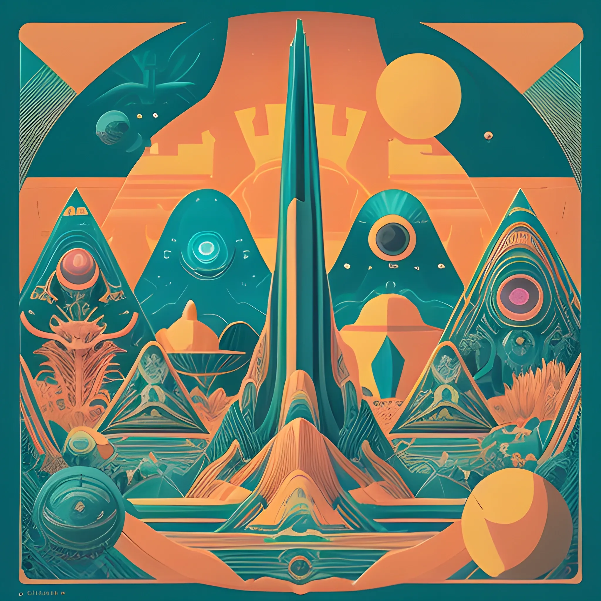 (Created by Jiru Haru),(in the style of inked), A vintage travel poster depiction of an exotic alien planet, featuring vibrant landscapes and strange flora and fauna. The camera angle is a medium shot, capturing the planet's distinctive features while keeping the focus on the intricate details of the alien world. The color palette is rich and multicolor, invoking a sense of wonder and otherworldliness. The poster is designed in an art deco style, combining bold geometric shapes with intricate patterns. This image is a playful and imaginative representation of intergalactic travel, perfectly blending nostalgia and futuristic elements., (high quality), (detailed), (masterpiece), (best quality), (highres), (extremely detailed), (8k)