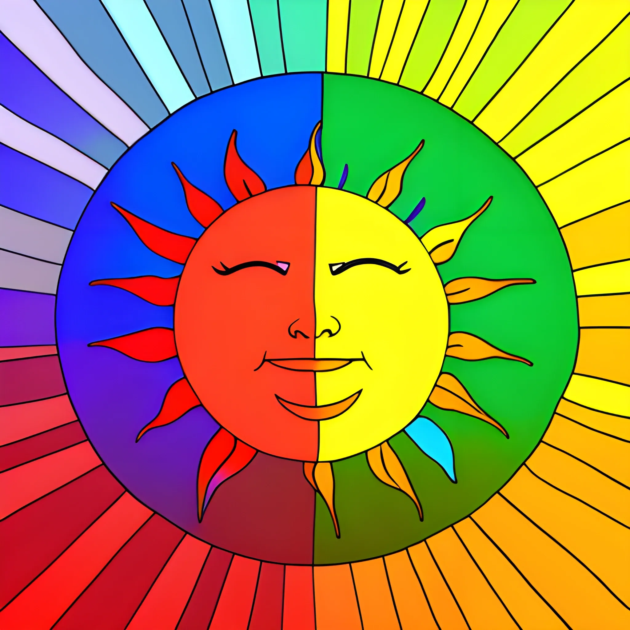  A radiant sun with rainbow colors, representing hope and cultural diversity., Cartoon