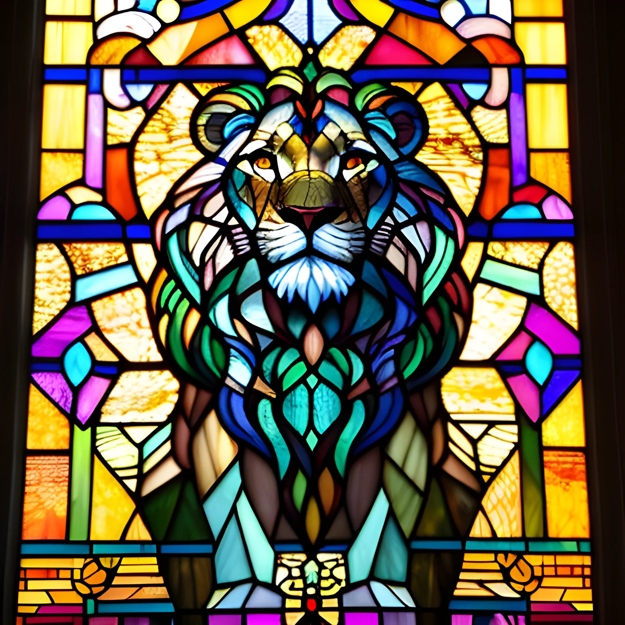 a vibrant stained glass art piece of one lion, Rays of sunlight shine through the window, ((Tiffany style)), day lighting, intricate, elegant, dynamic pose, highly detailed, highest quality, 8k, digital painting, sharp focus, cinematic, ultra-high resolution, (brightful colors), <lora:more_details:0.6> <lora:add_detail:0.7>