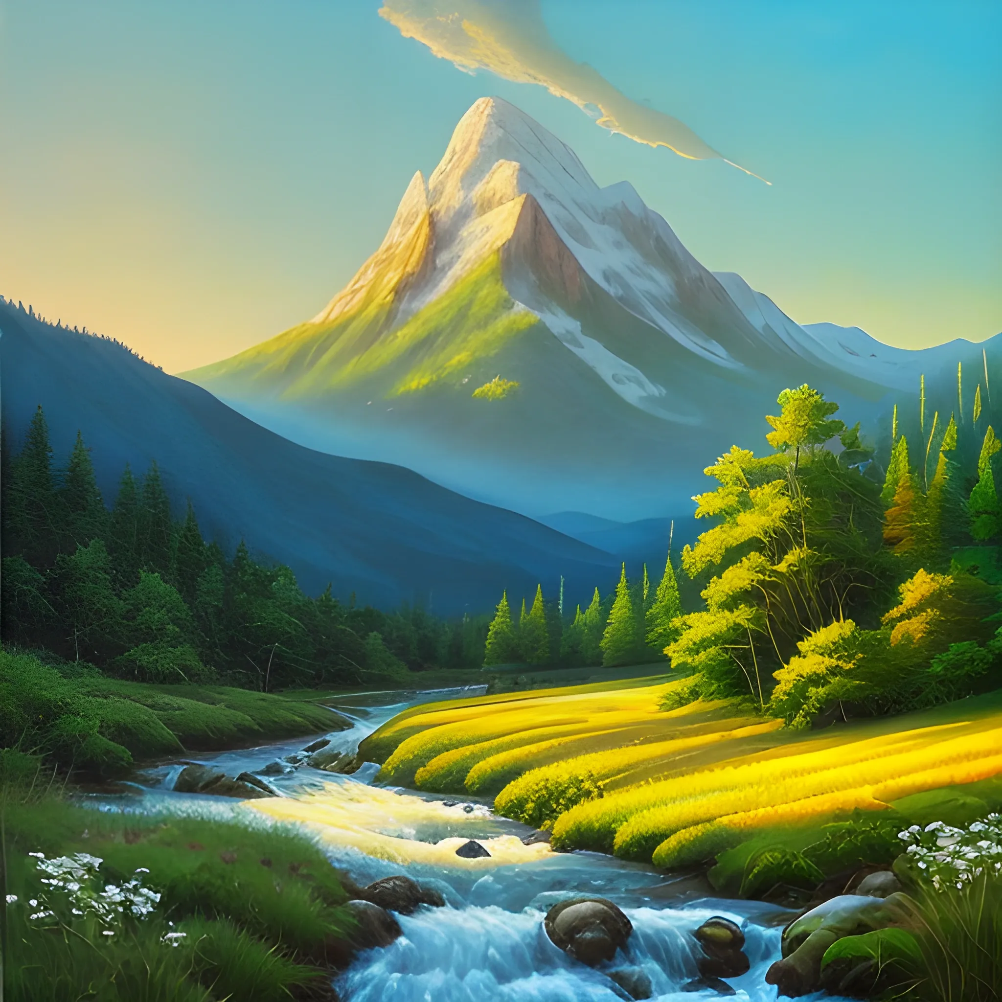 A color photo of a landscape painting, featuring a towering mountain peak covered in lush trees. At the foot of the mountain is a clear stream, its gentle flow filling the air with a soothing sound. Surrounding the stream is a sprawling meadow of lush green grass, while in the distance, a vast plain unfolds before the viewer. The sky overhead is dotted with fluffy white clouds, and sunlight streams down onto the mountain, casting it in a brilliant light. The vivid color of the scene and the tranquil atmosphere of the painting evoke a sense of peace and beauty in nature. —c 10 —ar 2:3