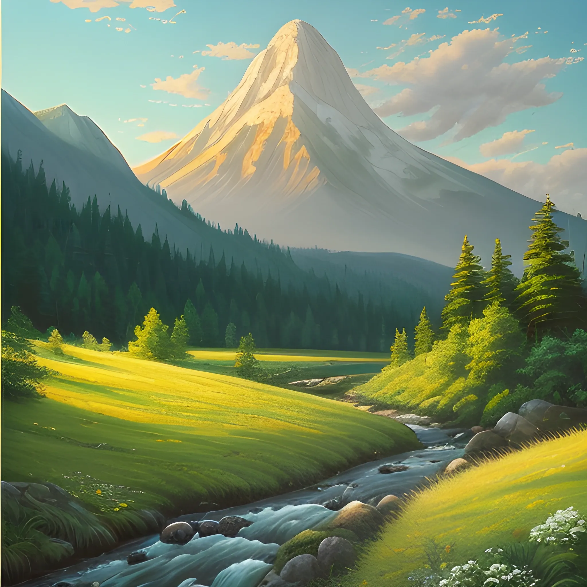 A color photo of a landscape painting, featuring a towering mountain peak covered in lush trees. At the foot of the mountain is a clear stream, its gentle flow filling the air with a soothing sound. Surrounding the stream is a sprawling meadow of lush green grass, while in the distance, a vast plain unfolds before the viewer. The sky overhead is dotted with fluffy white clouds, and sunlight streams down onto the mountain, casting it in a brilliant light. The vivid color of the scene and the tranquil atmosphere of the painting evoke a sense of peace and beauty in nature. —c 10 —ar 2:3