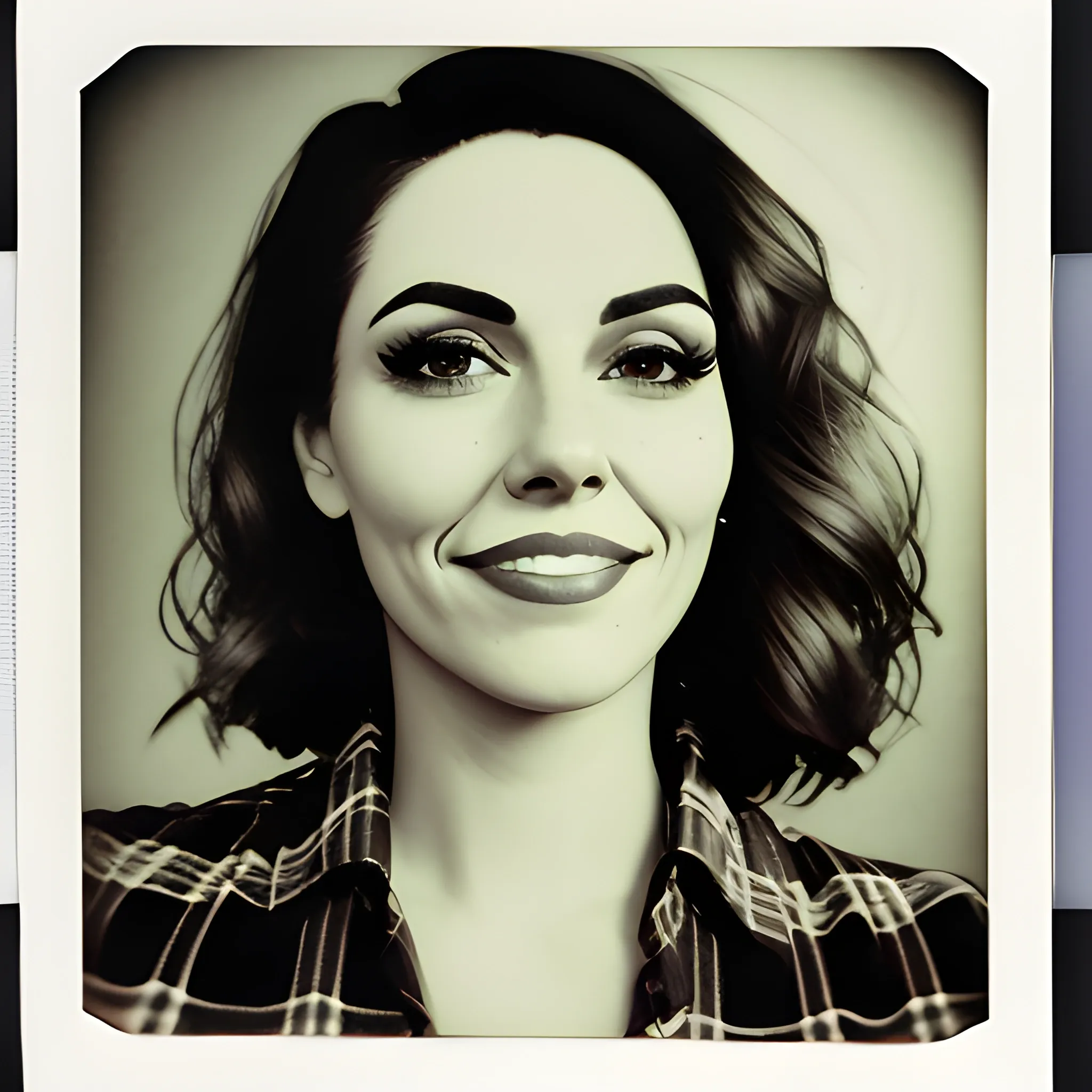 masterpiece, best quality, polaroid photo, adult Hispanic female, print \(medium\), black and white， short brown hair, wide-eyed, small bosom， plump lips, round face, round nose, cheek dimples， flannel shirt, serious expression