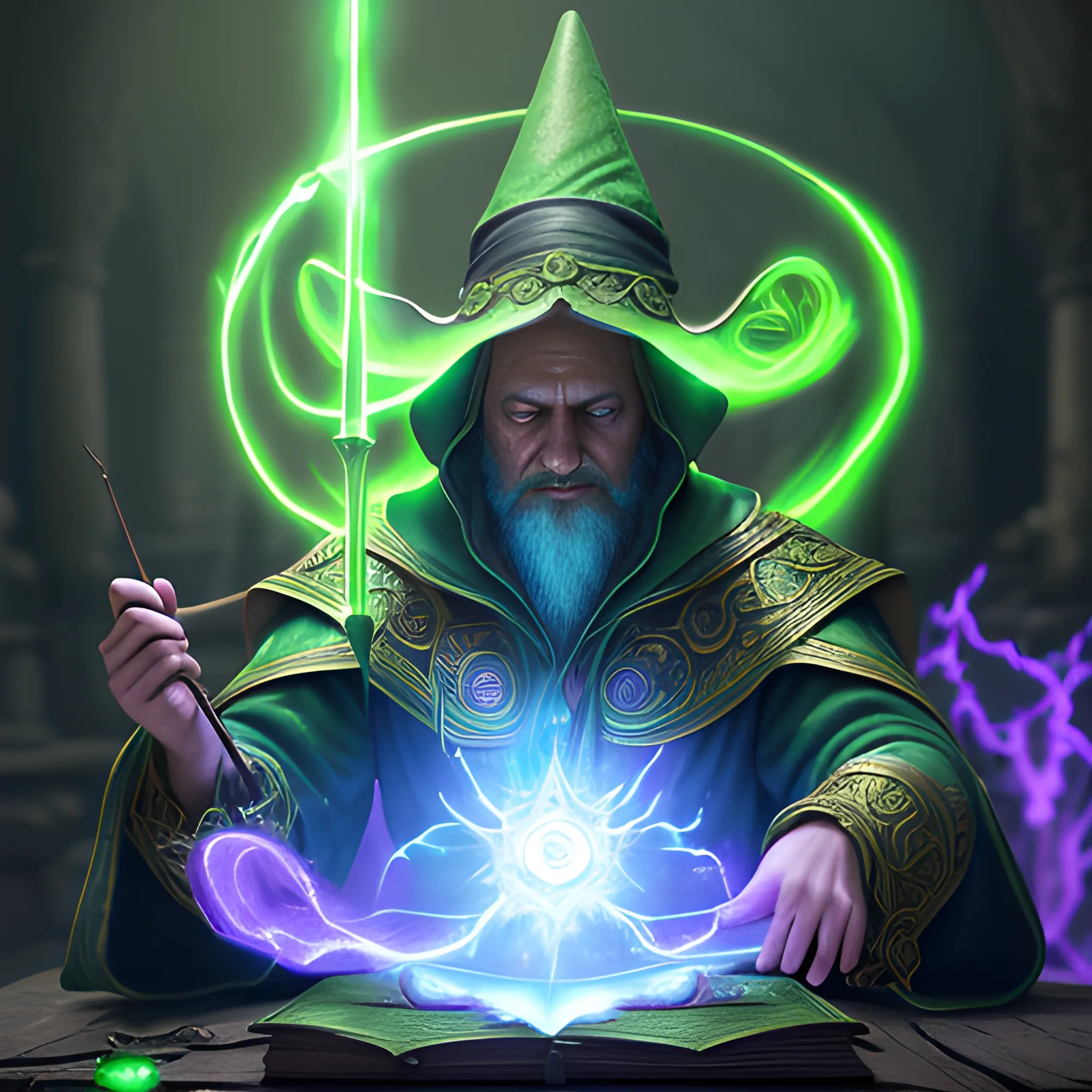 mage casting a spell, mage casting a green beam, 8k, high resolution, detailed, photorealistic, hyperrealistic, 8k, detailed, high resolution, detailed matte painting, deep color, fantastical, intricate detail, splash screen, complementary colors, fantasy concept art, 8k resolution trending on Artstation Unreal Engine 5