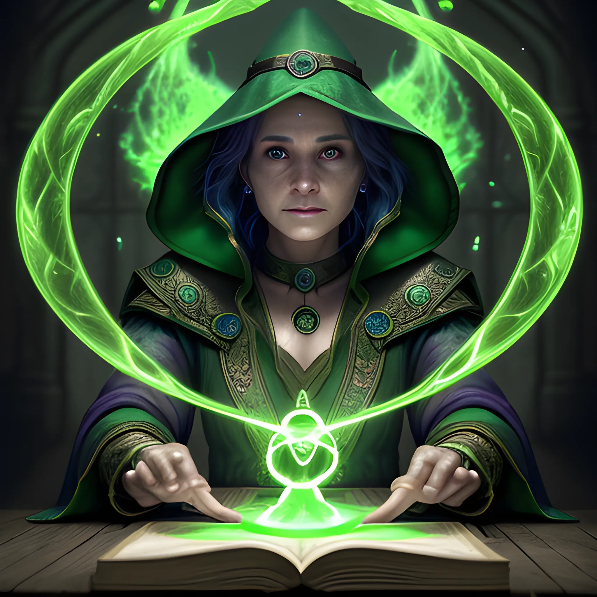 mage casting a spell, mage casting a green beam, 8k, high resolution, detailed, photorealistic, hyperrealistic, 8k, detailed, high resolution, detailed matte painting, deep color, fantastical, intricate detail, splash screen, complementary colors, fantasy concept art, 8k resolution trending on Artstation Unreal Engine 5
