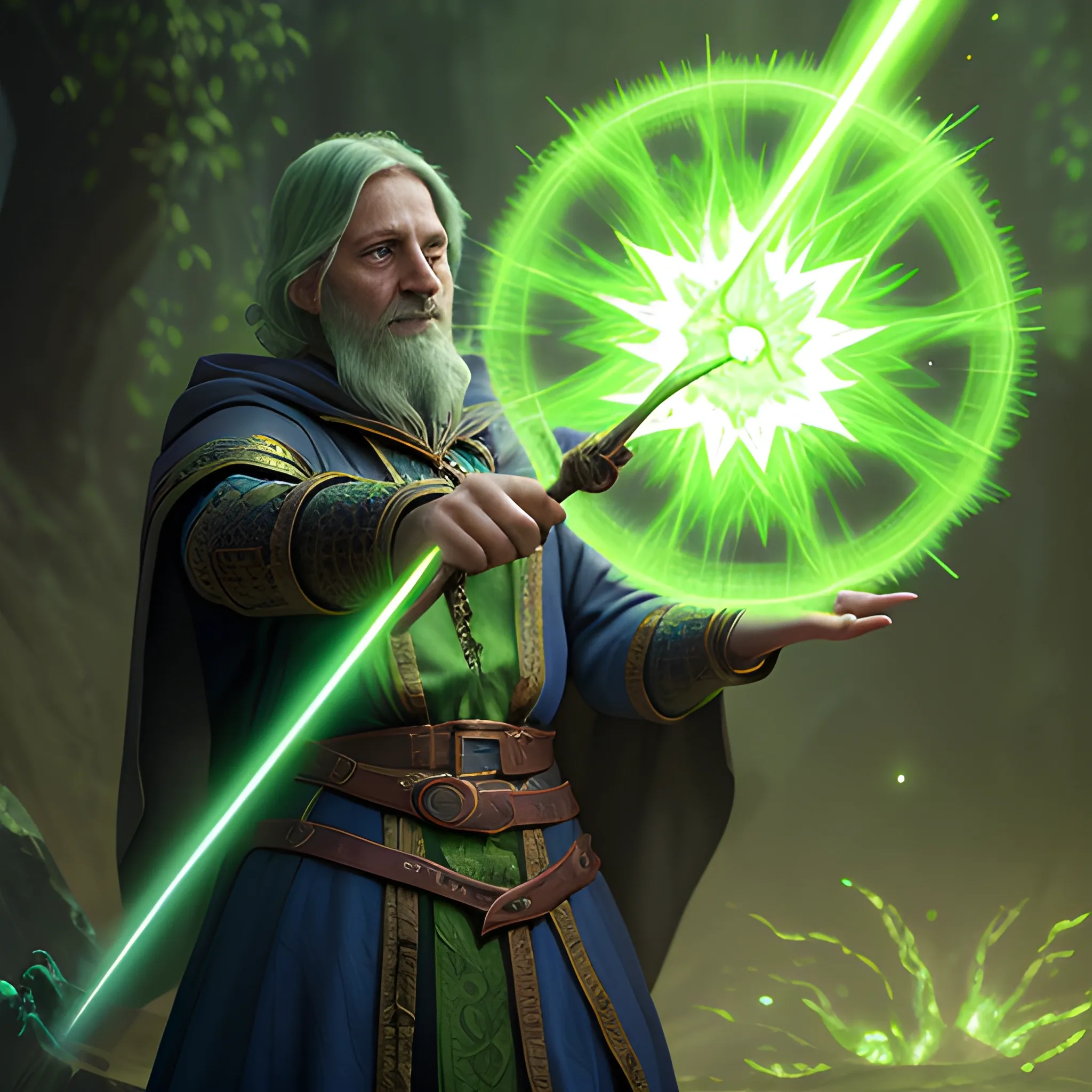 mage casting a spell, mage casting a green laser, 8k, high resolution, detailed, photorealistic, hyperrealistic, 8k, detailed, high resolution, detailed matte painting, deep color, fantastical, intricate detail, splash screen, complementary colors, fantasy concept art, 8k resolution trending on Artstation Unreal Engine 5