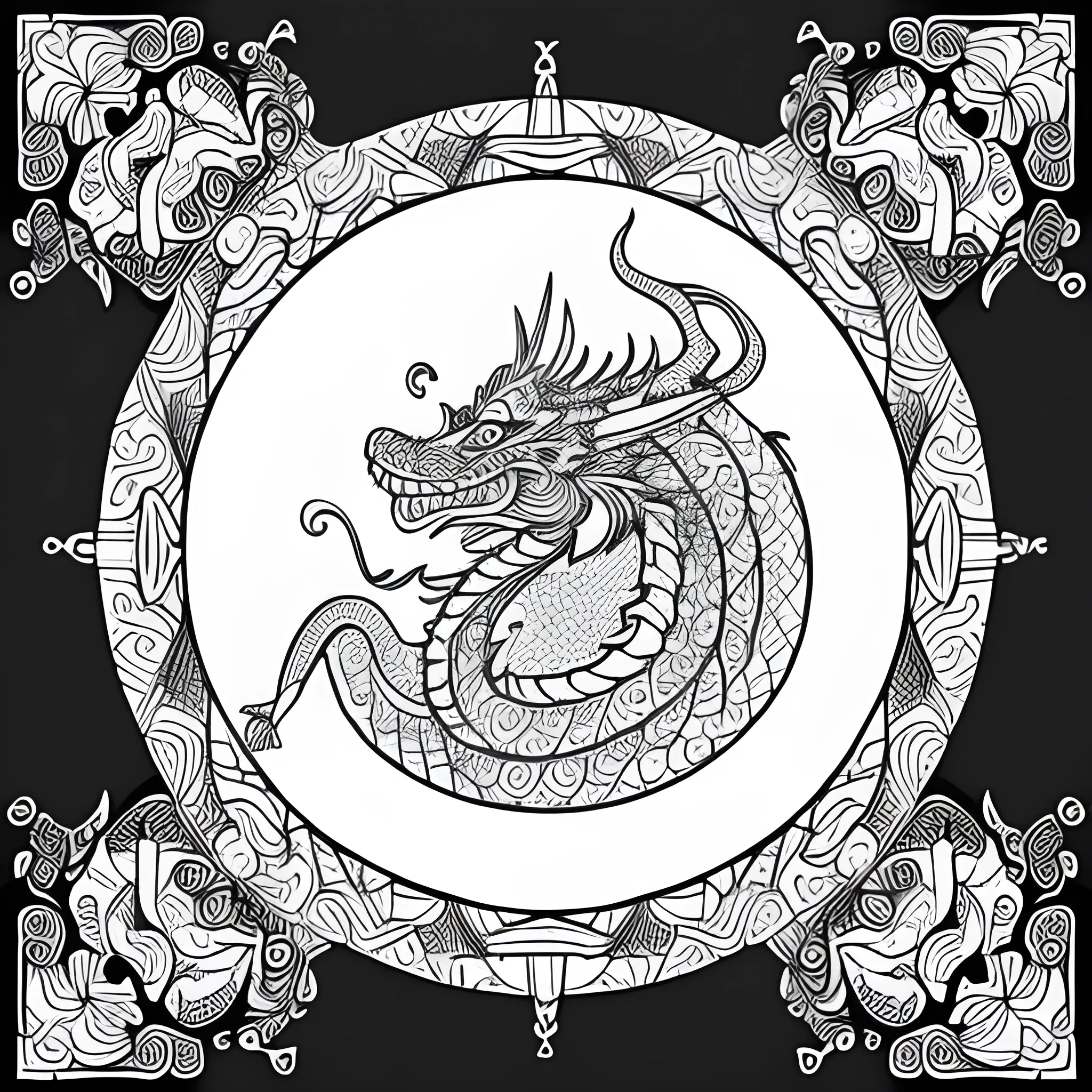 coloring book page of a mandala dragon inspired in the chineese culture