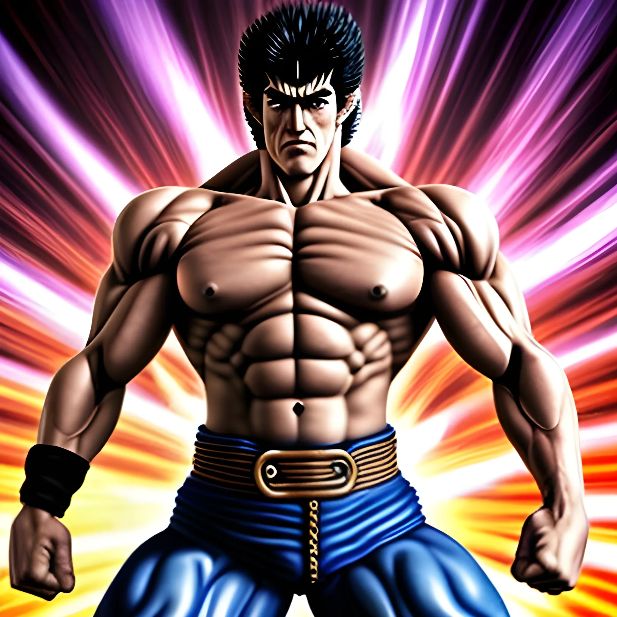 generate a realistic image with a person that looks like kenshiro from hokuto no ken anime but like if he is a real person, not an anime, like a photo of a real person, Trippy