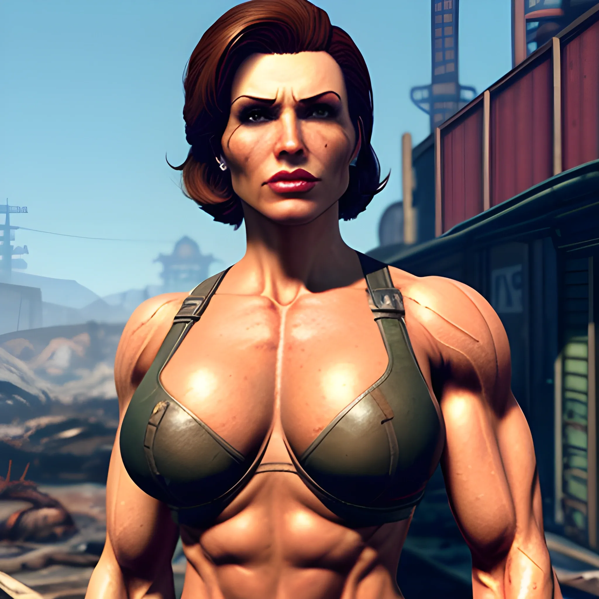 muscular girl from Fallout 4, lang hair，chiseled face