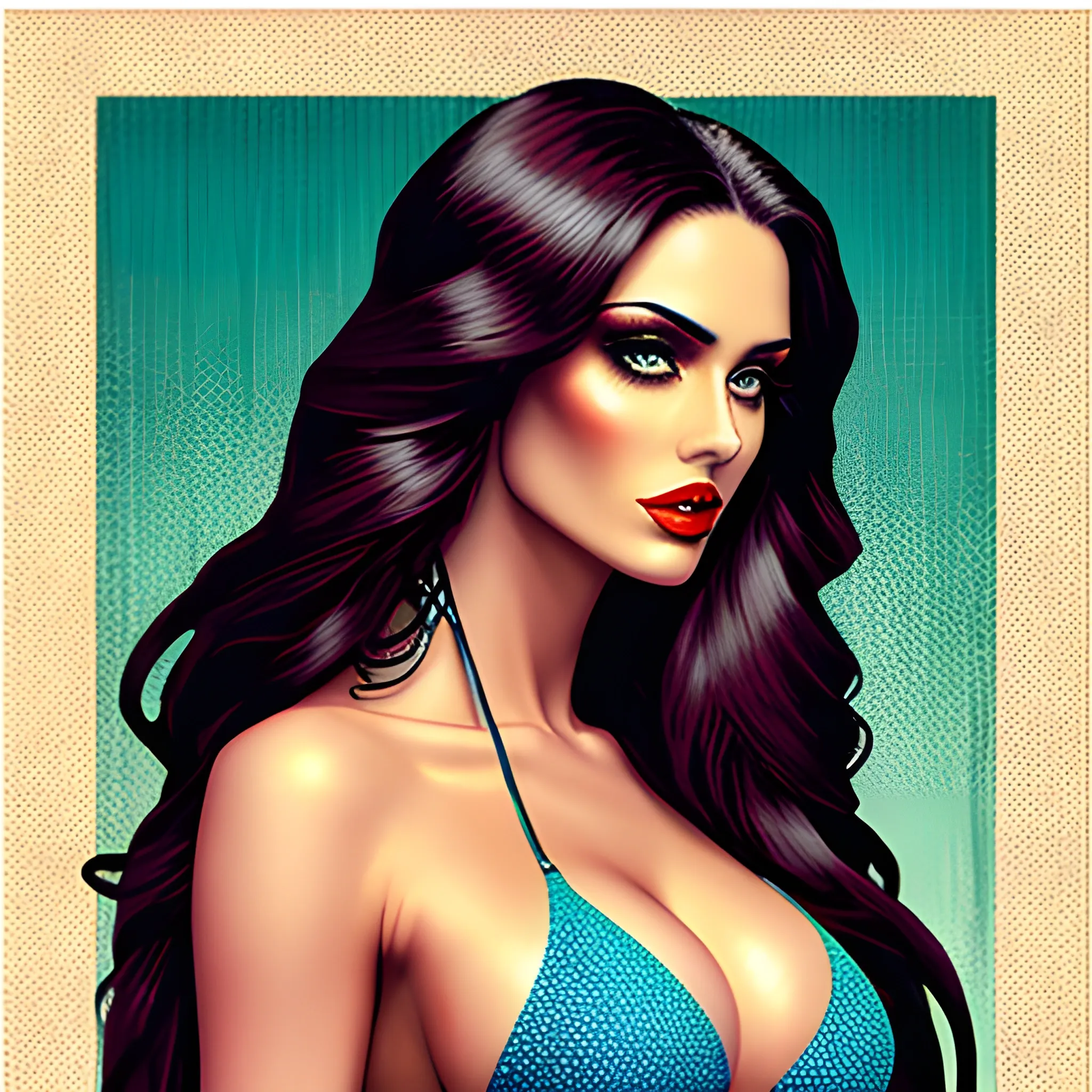 masterpiece, best quality, 1girl, print \(medium\), color，halftone paper，long hair, wide-eyed，sexy lips，Bikini