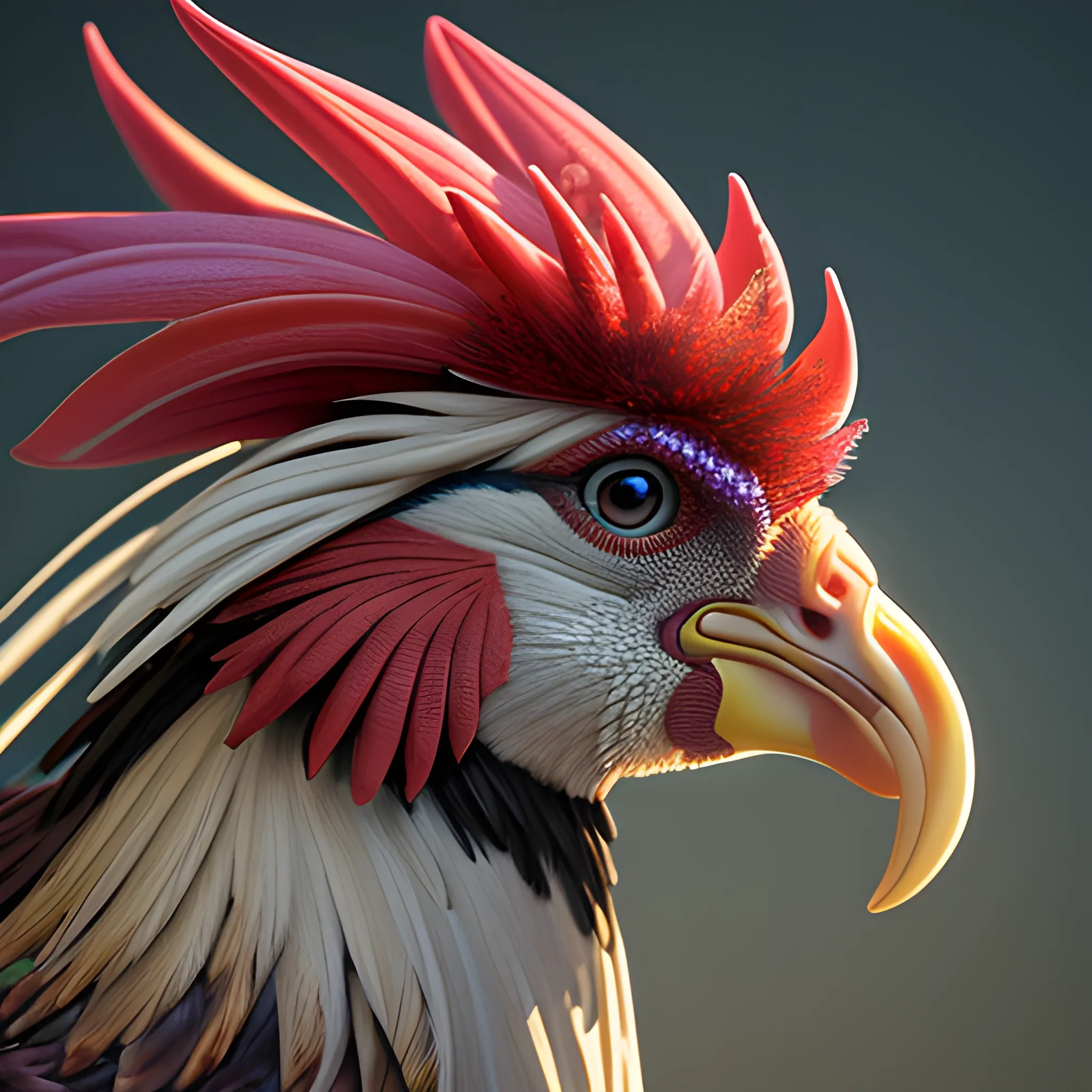 hyperreal, detailed, cinematic lighting, rooster, hyperdetailed, wildflowers, Beautiful Lighting, Lens Flare, Evil, Detailed and Intricate,