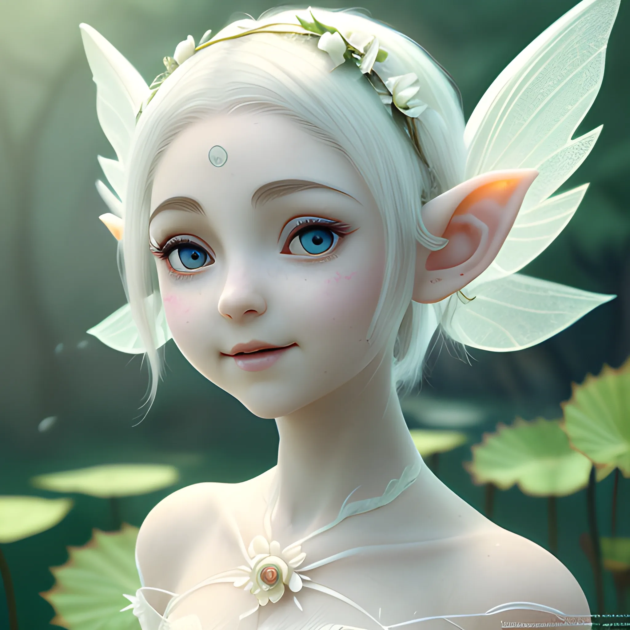 Lotus, Elf, highest quality, masterpiece, exquisite CG, short white hair, maiden, delicate and intricate hair accessories, Elf ears, transparent wings, knee-length skirt, big eyes, high light, Back, turning head smile, natural light, super realistic, movie light texture, fading and falling white petals, beautiful, perfect HD, Cartoon