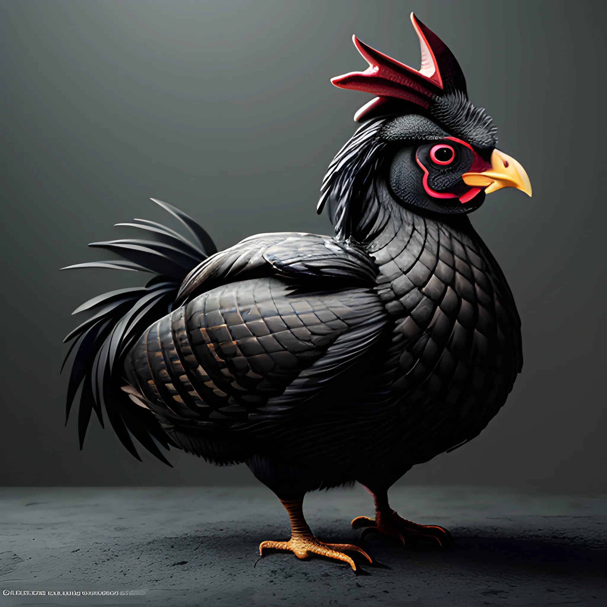 hyperreal, detailed, cinematic lighting, black chicken, hyperdetailed,