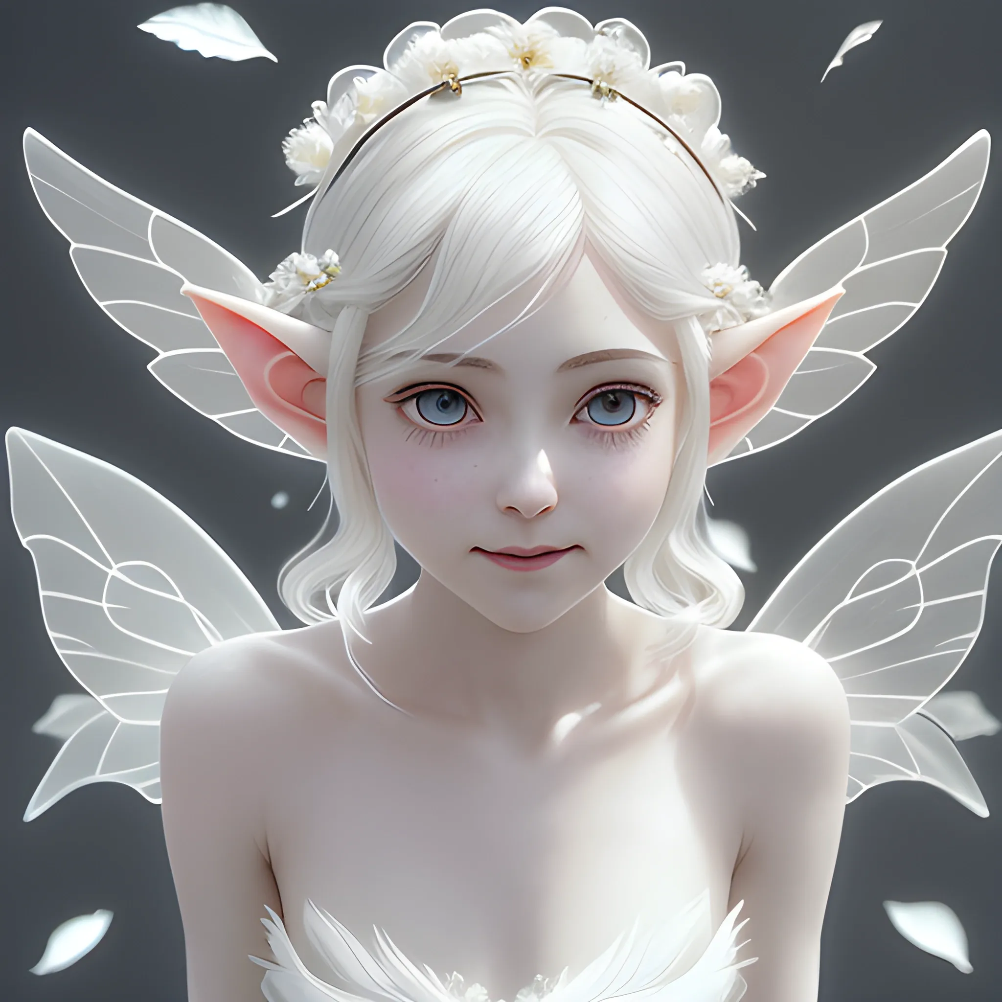 LotusElf, highest quality, masterpiece, exquisite CG, short white hair, maiden, delicate and intricate hair accessories, Elf ears, transparent wings, knee-length skirt, big eyes, high light, Back, turning head smile, natural light, super realistic, movie light texture, fading and falling white petals, beautiful, perfect HD, , Pencil Sketch