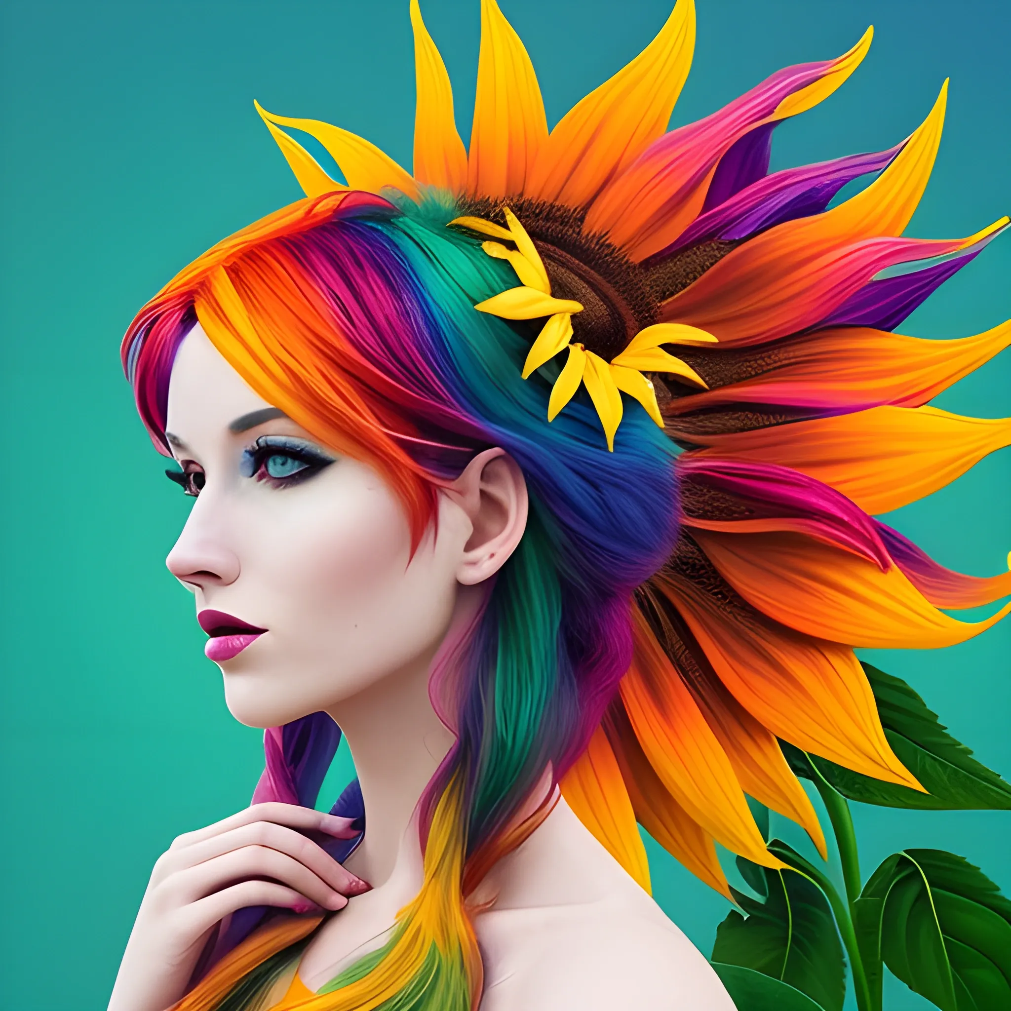 the woman is wearing multicolored hair, vibrant color scheme sun ...