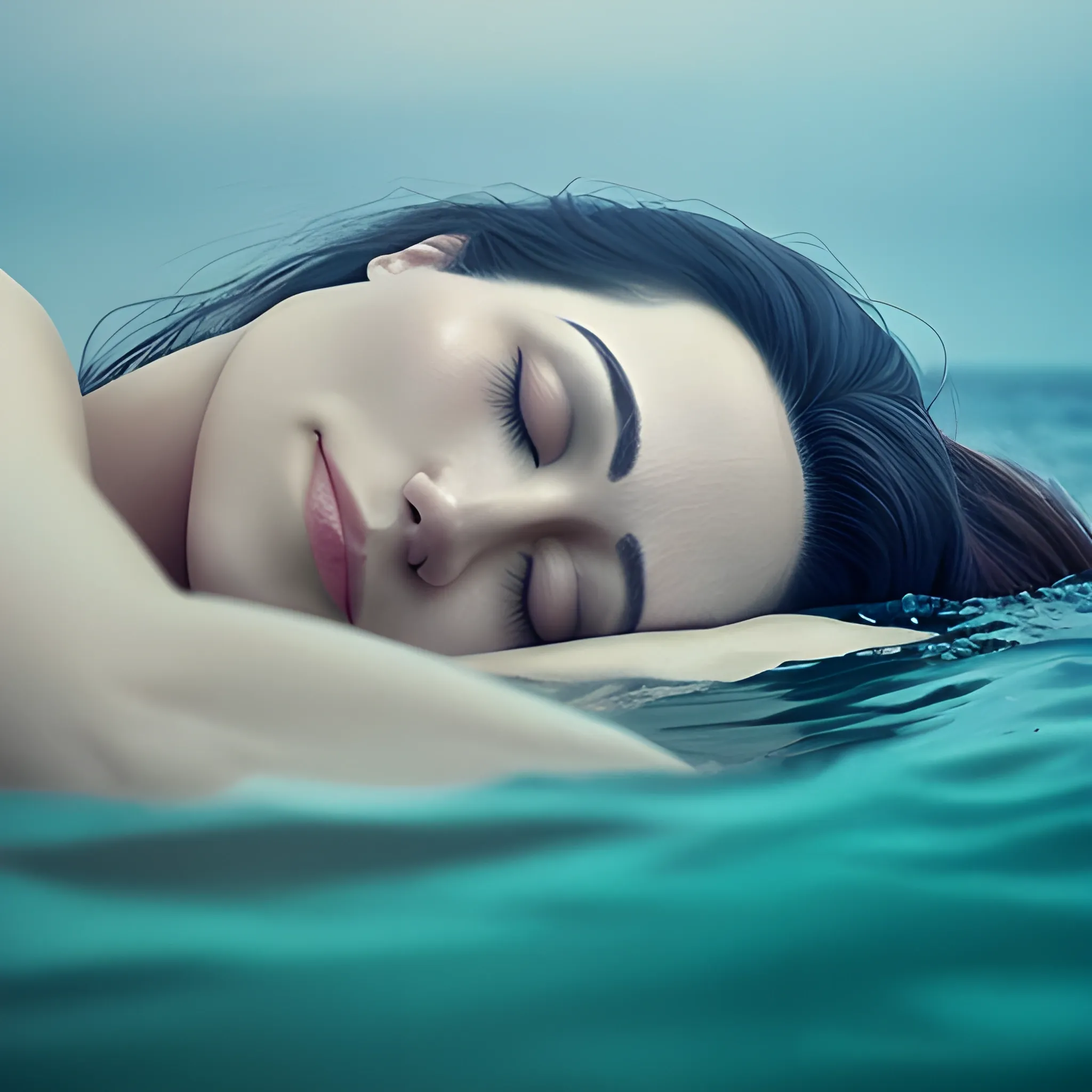 sleeping cute girl in depth of sea focus on its face